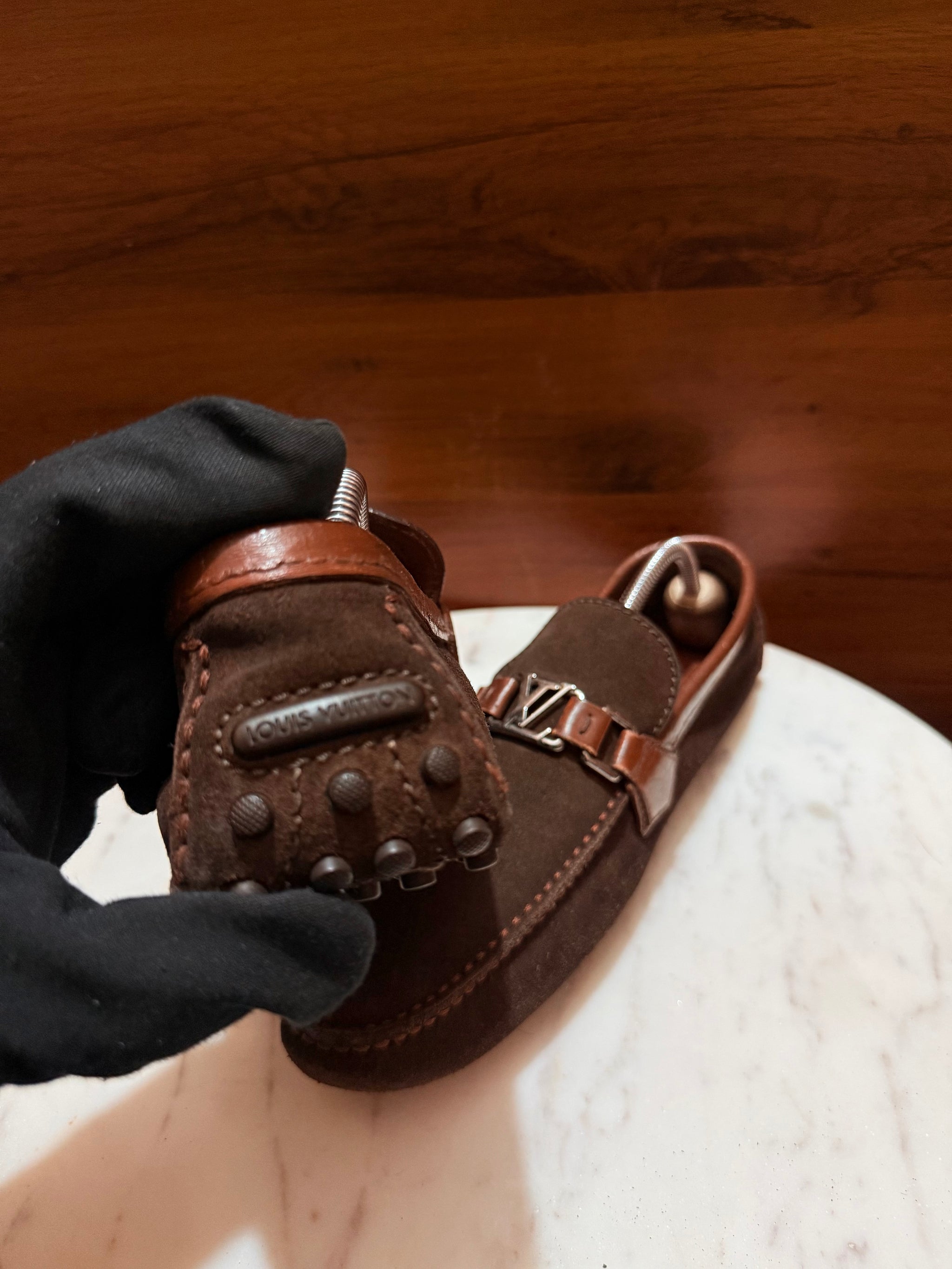 Louis Vuitton Suede LV Initial Buckle Driving Loafers