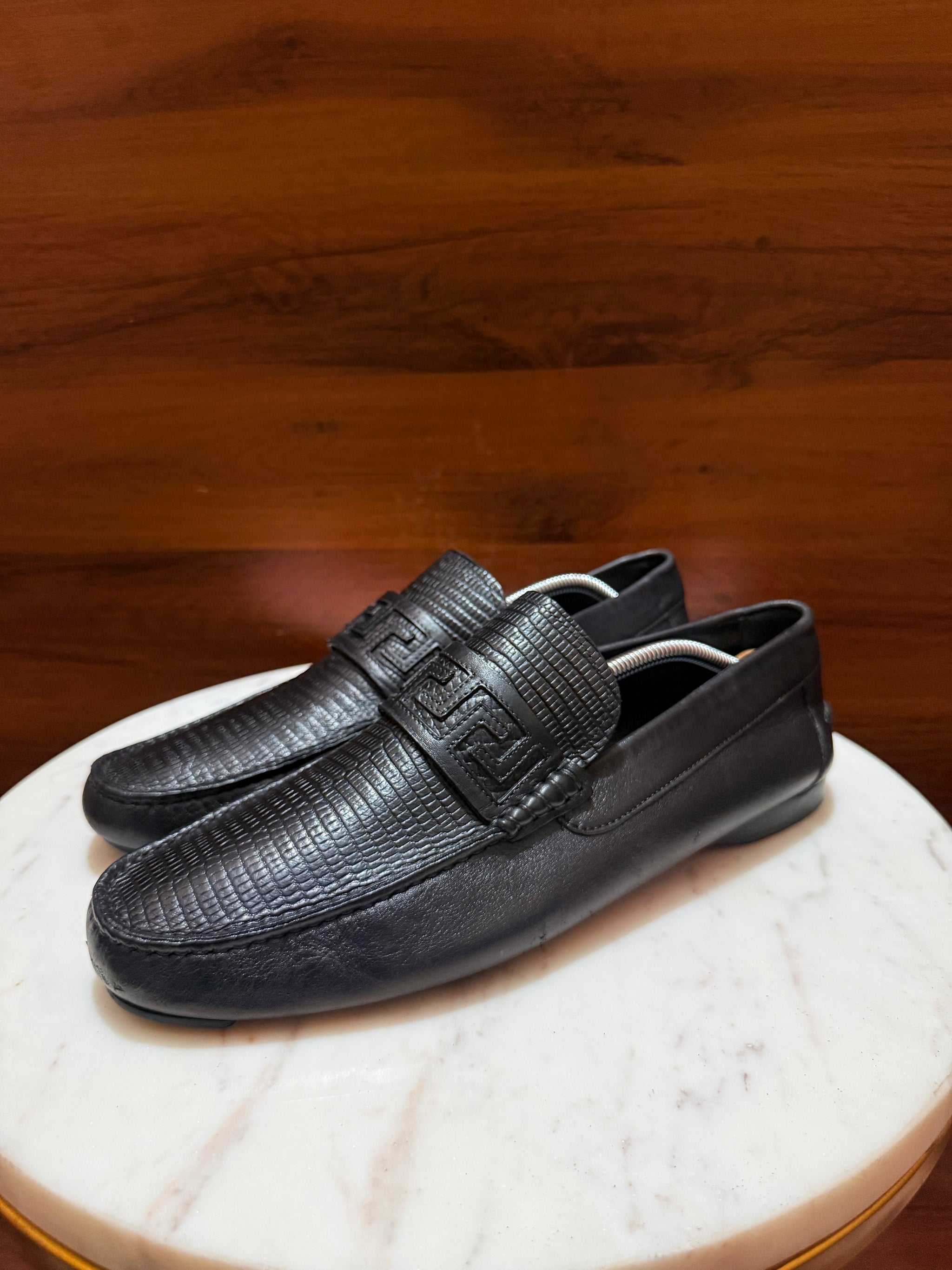 Versace Greca Pattern Textured Leather Driving Loafers
