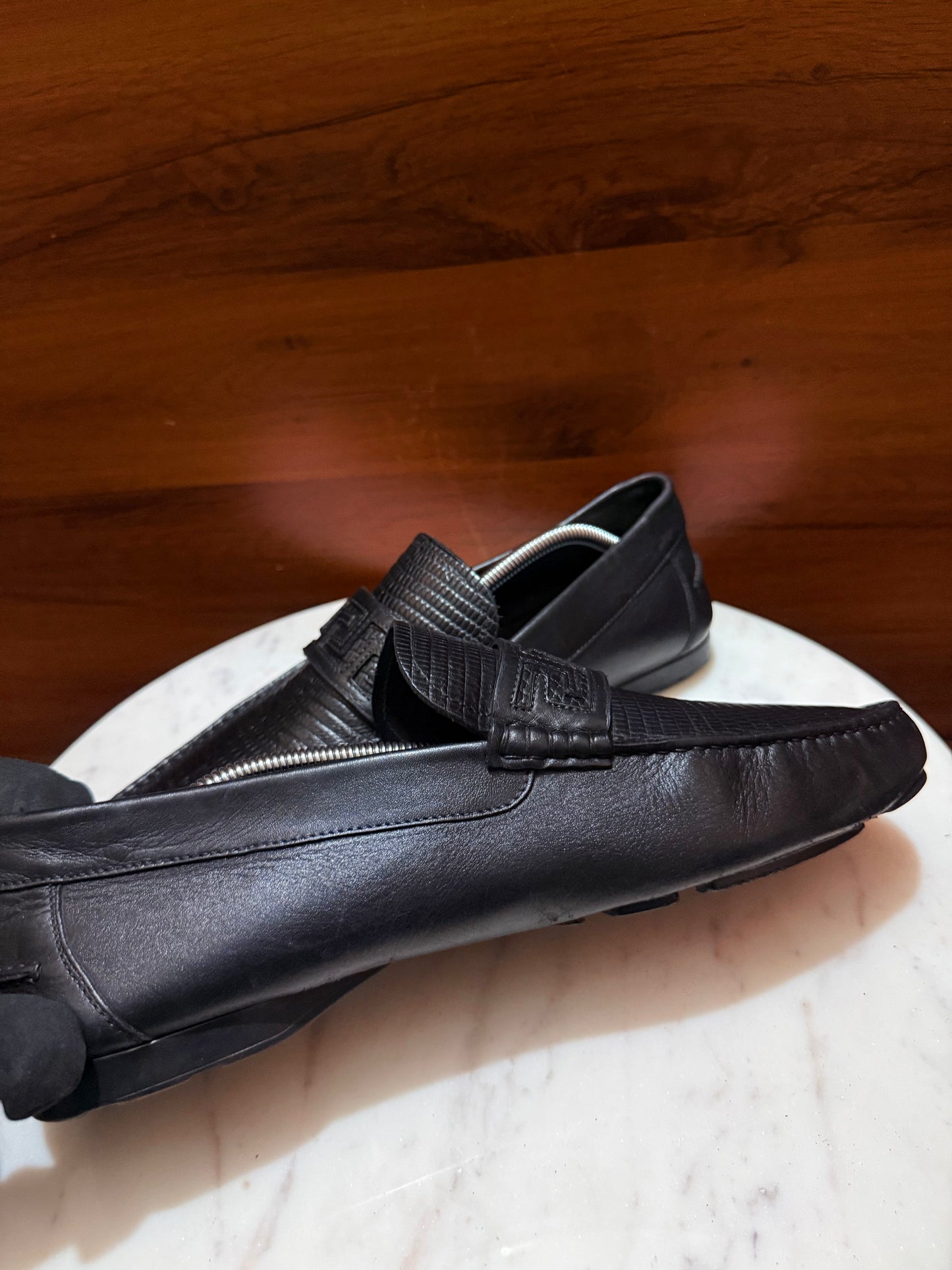 Versace Greca Pattern Textured Leather Driving Loafers