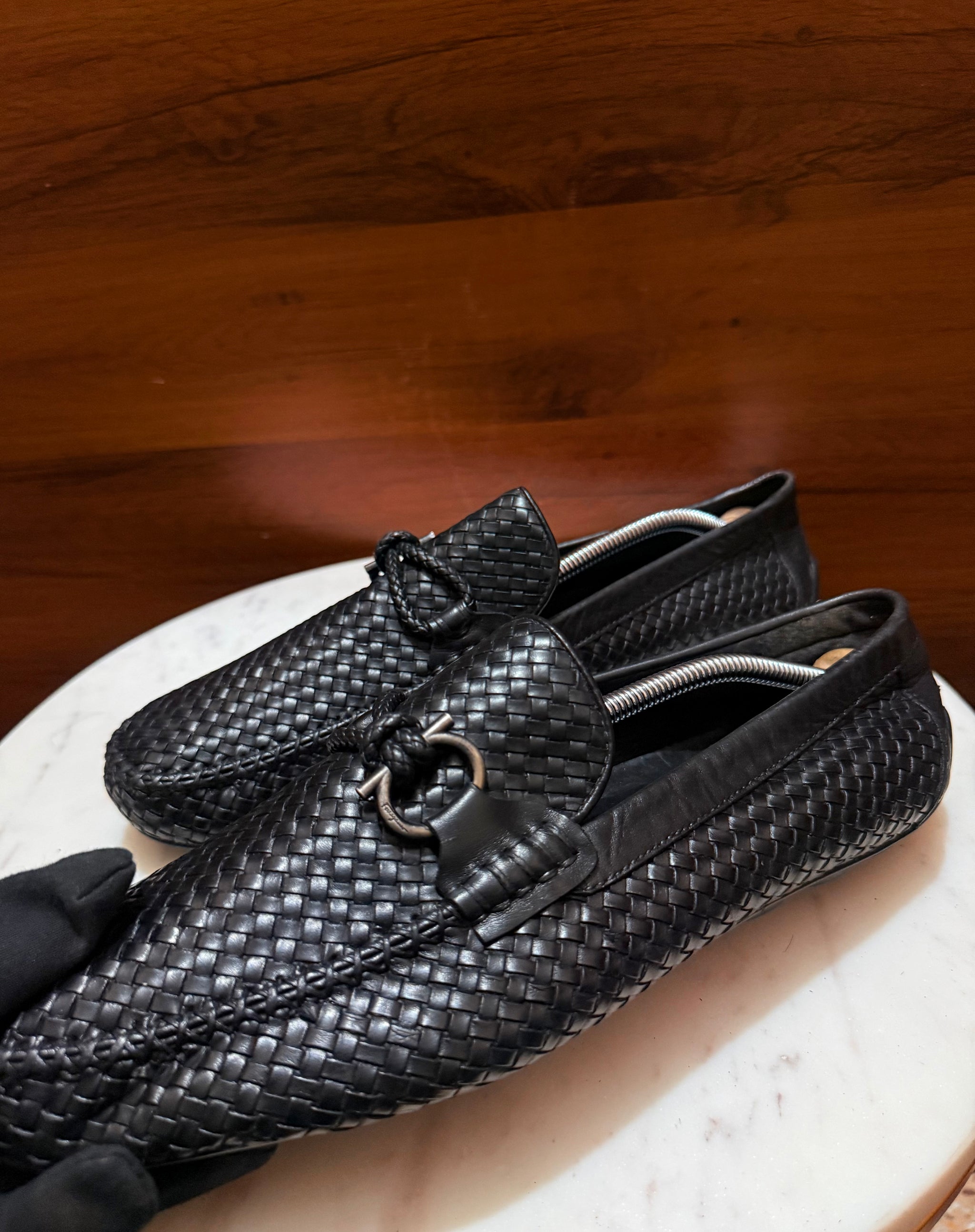 Salvatore Ferragamo Woven Leather Gancini Driving Loafers