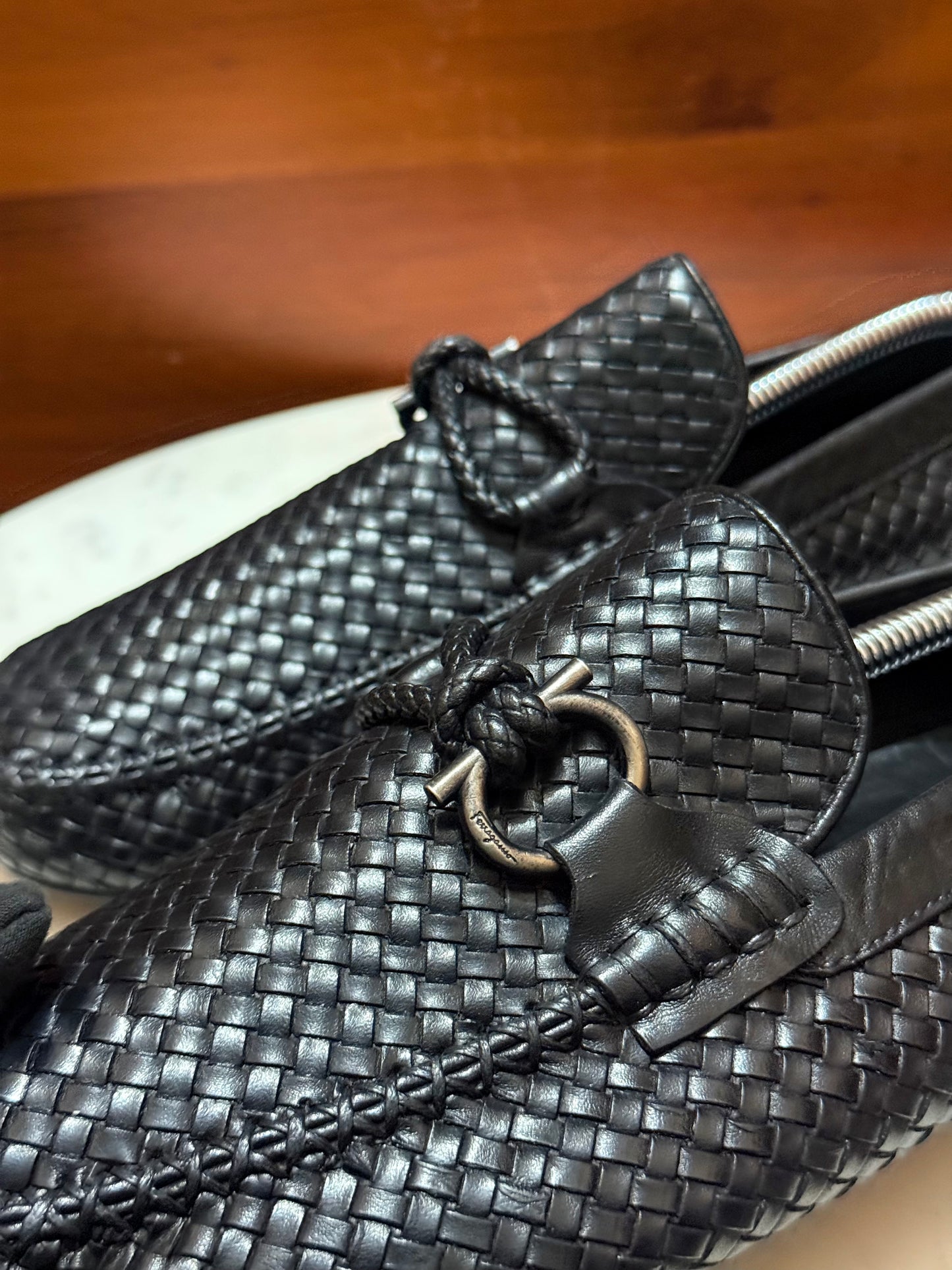 Salvatore Ferragamo Woven Leather Gancini Driving Loafers