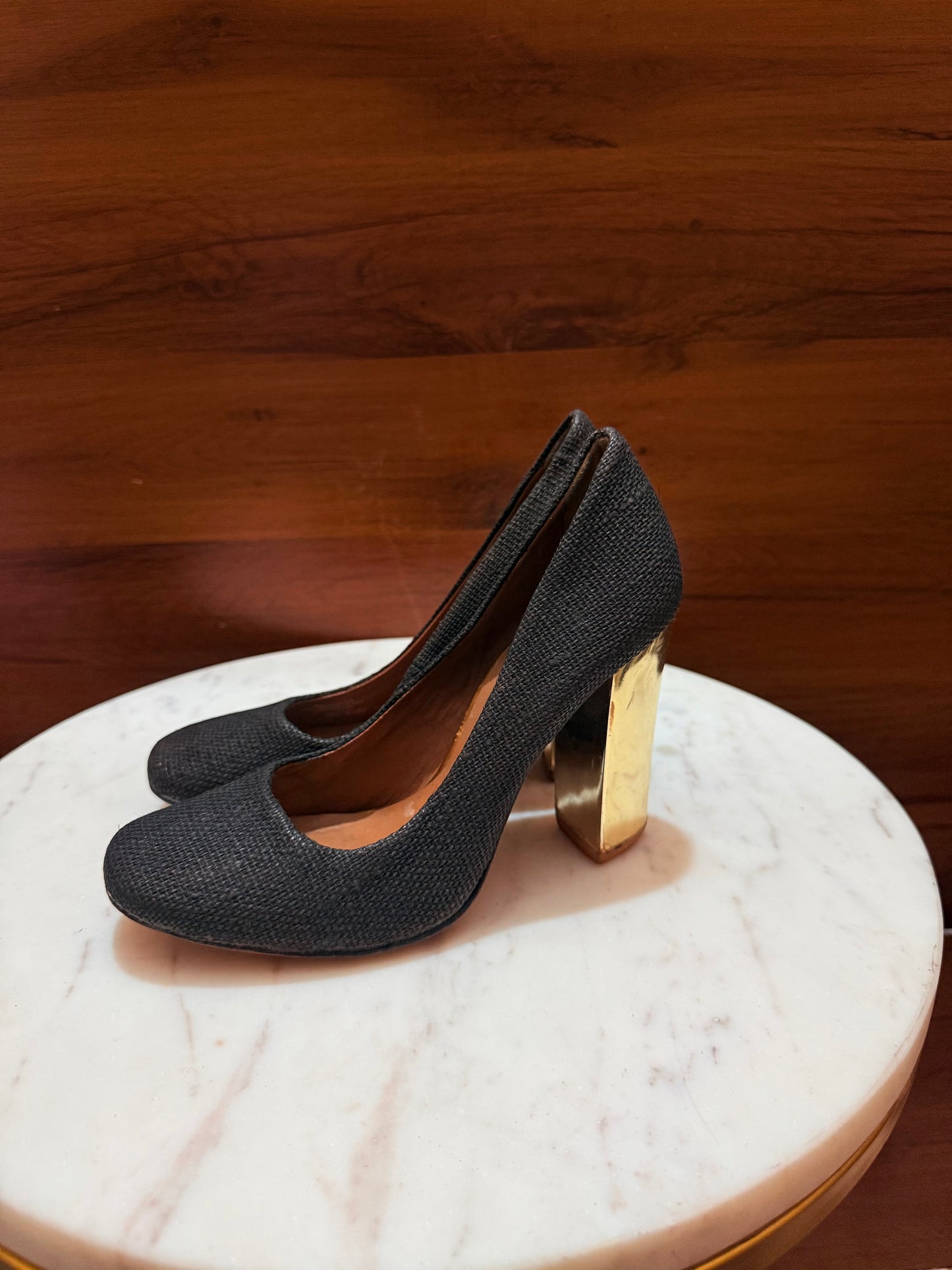 Tory Burch Woven Fabric Gold Block Heel Pumps
