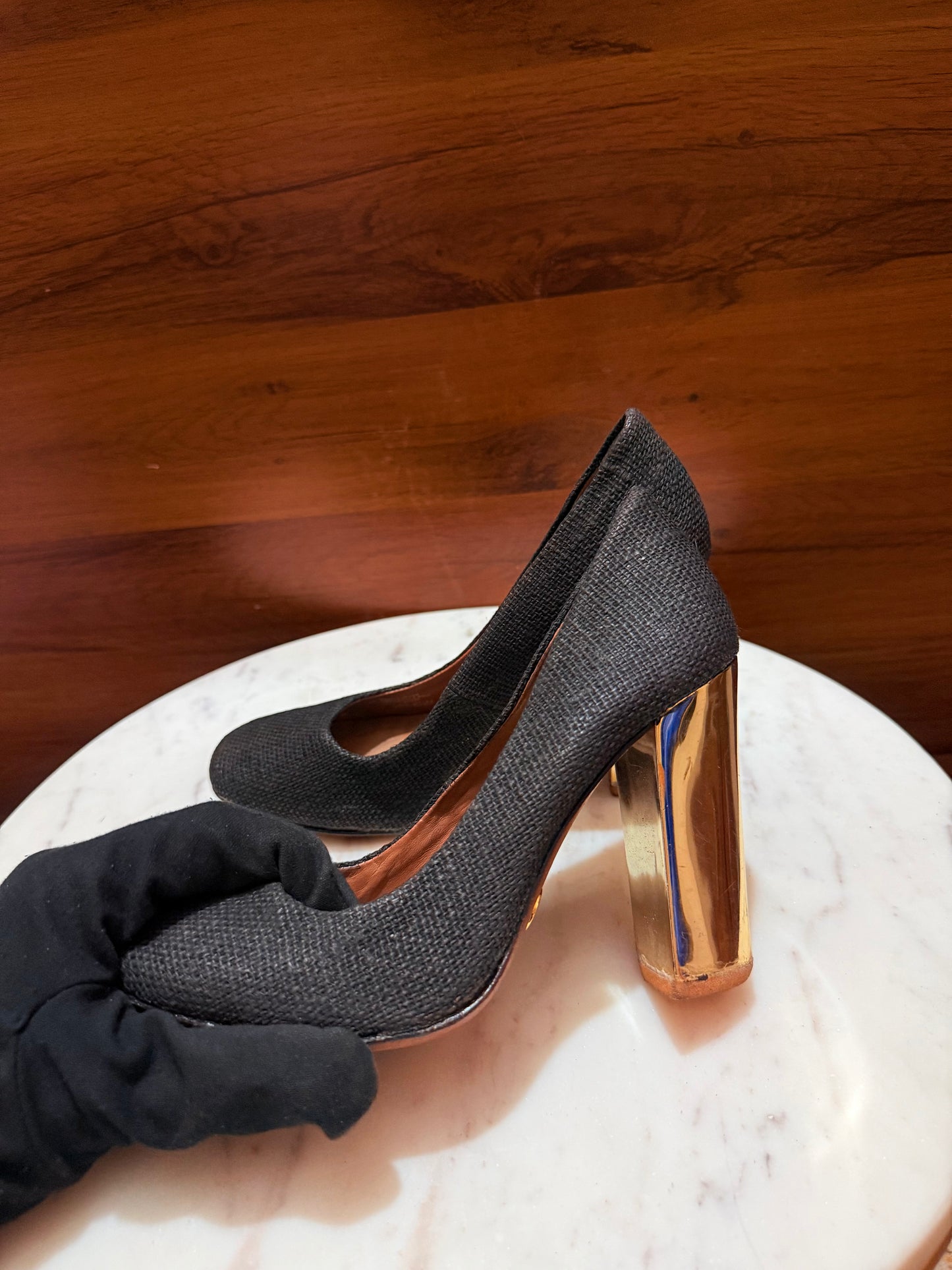 Tory Burch Woven Fabric Gold Block Heel Pumps