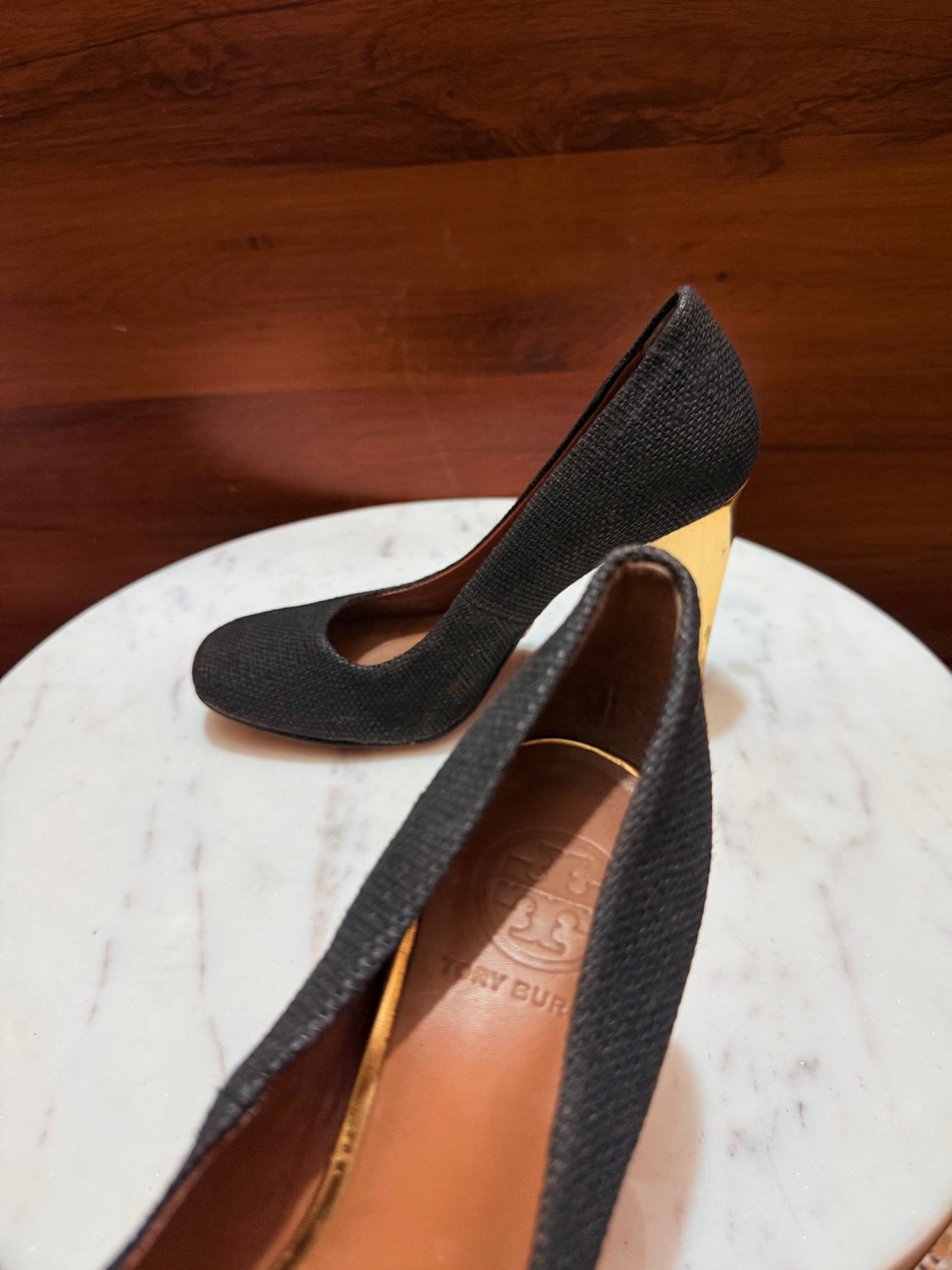 Tory Burch Woven Fabric Gold Block Heel Pumps