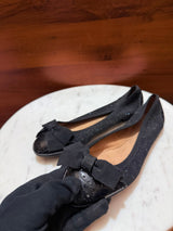 Ferragamo – Varina Glitter & Patent Leather Wingtip Bow Ballet Flats