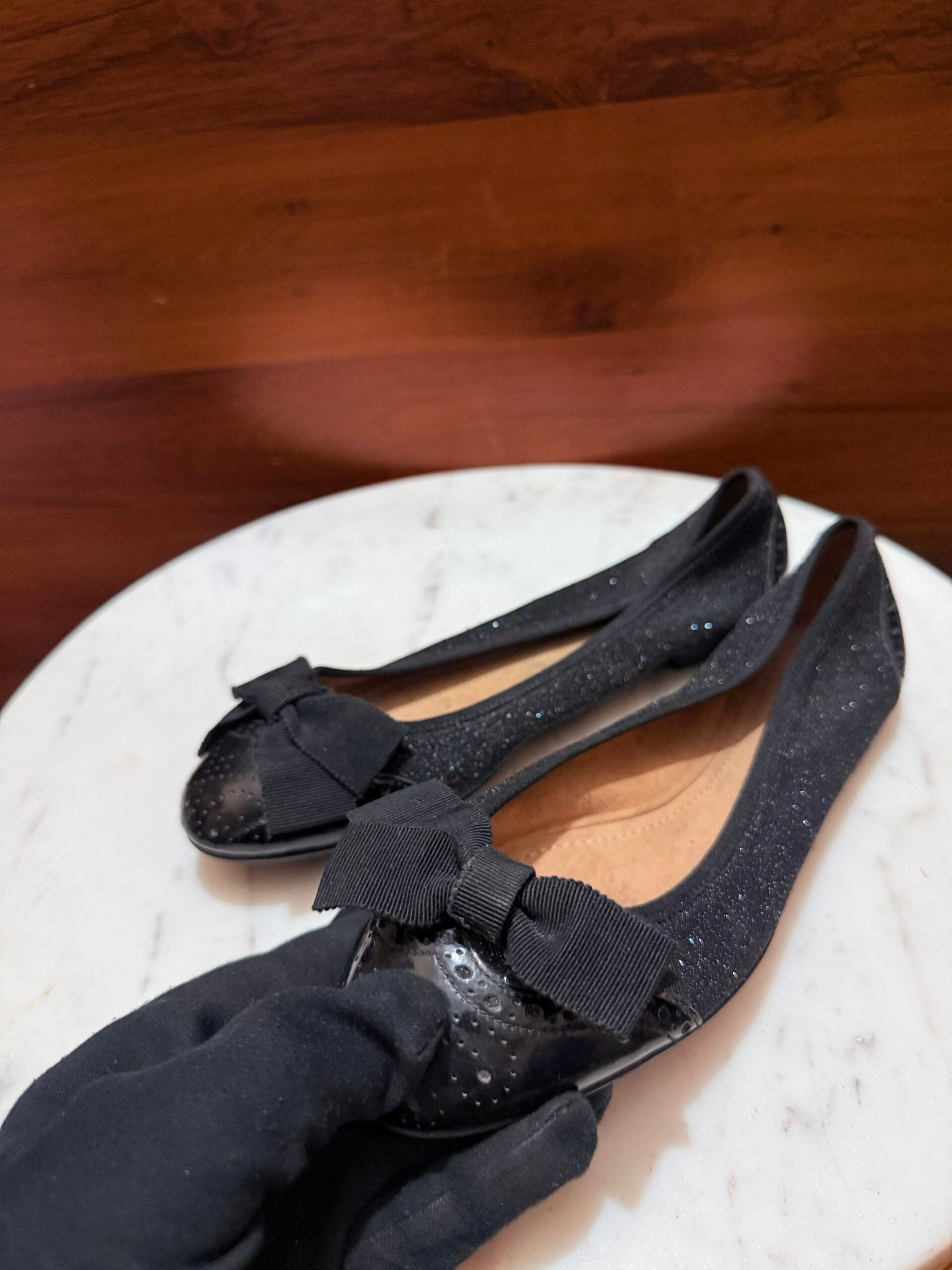 Ferragamo – Varina Glitter & Patent Leather Wingtip Bow Ballet Flats