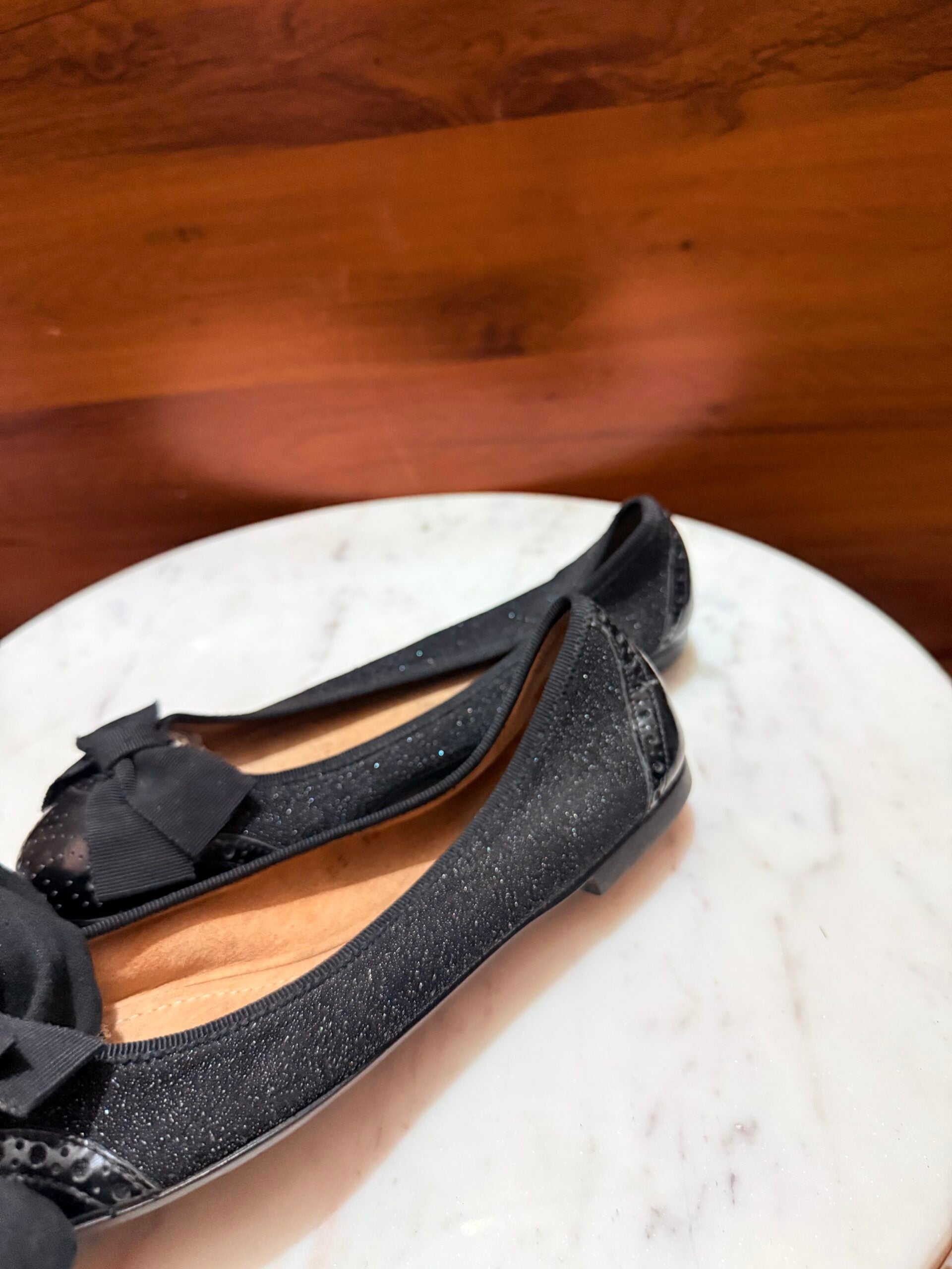 Ferragamo – Varina Glitter & Patent Leather Wingtip Bow Ballet Flats
