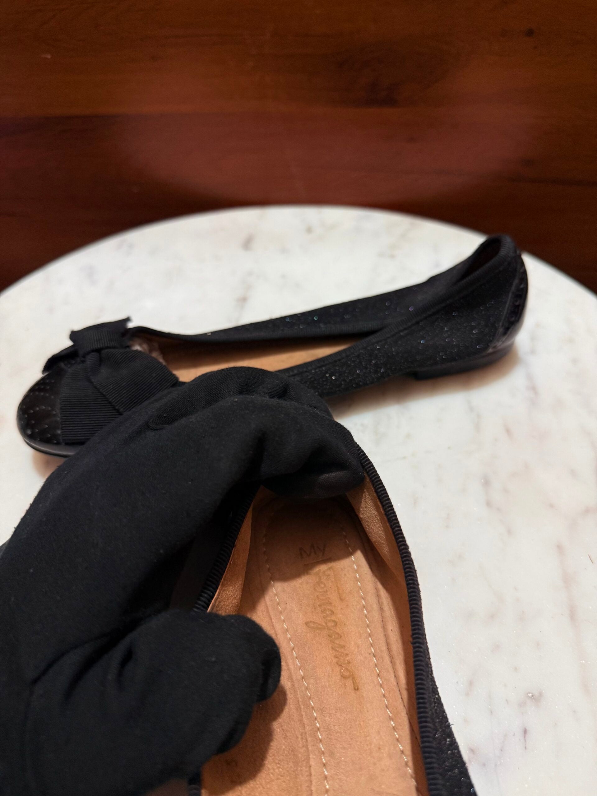 Ferragamo – Varina Glitter & Patent Leather Wingtip Bow Ballet Flats