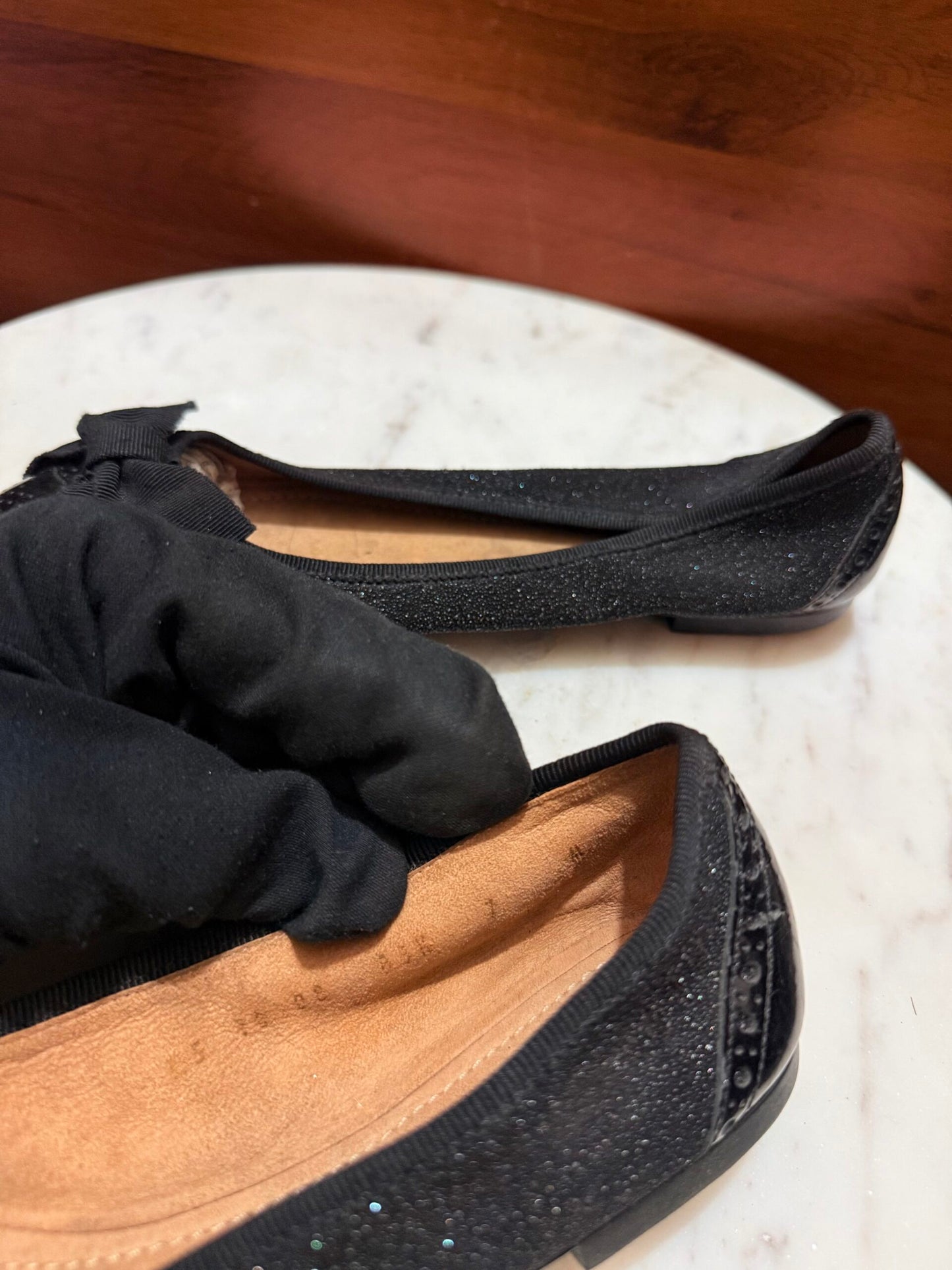 Ferragamo – Varina Glitter & Patent Leather Wingtip Bow Ballet Flats