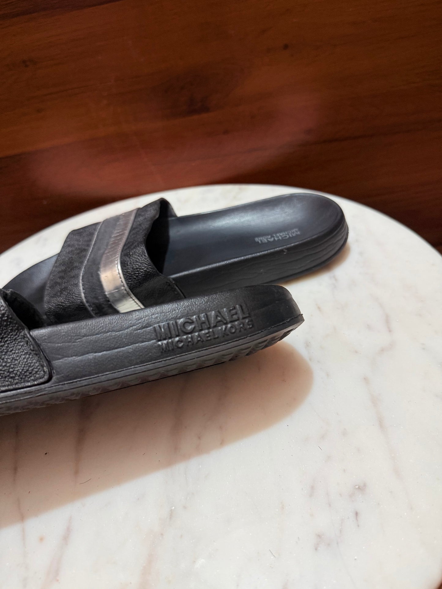Michael Kors Metallic Stripe Leather Pool Slides