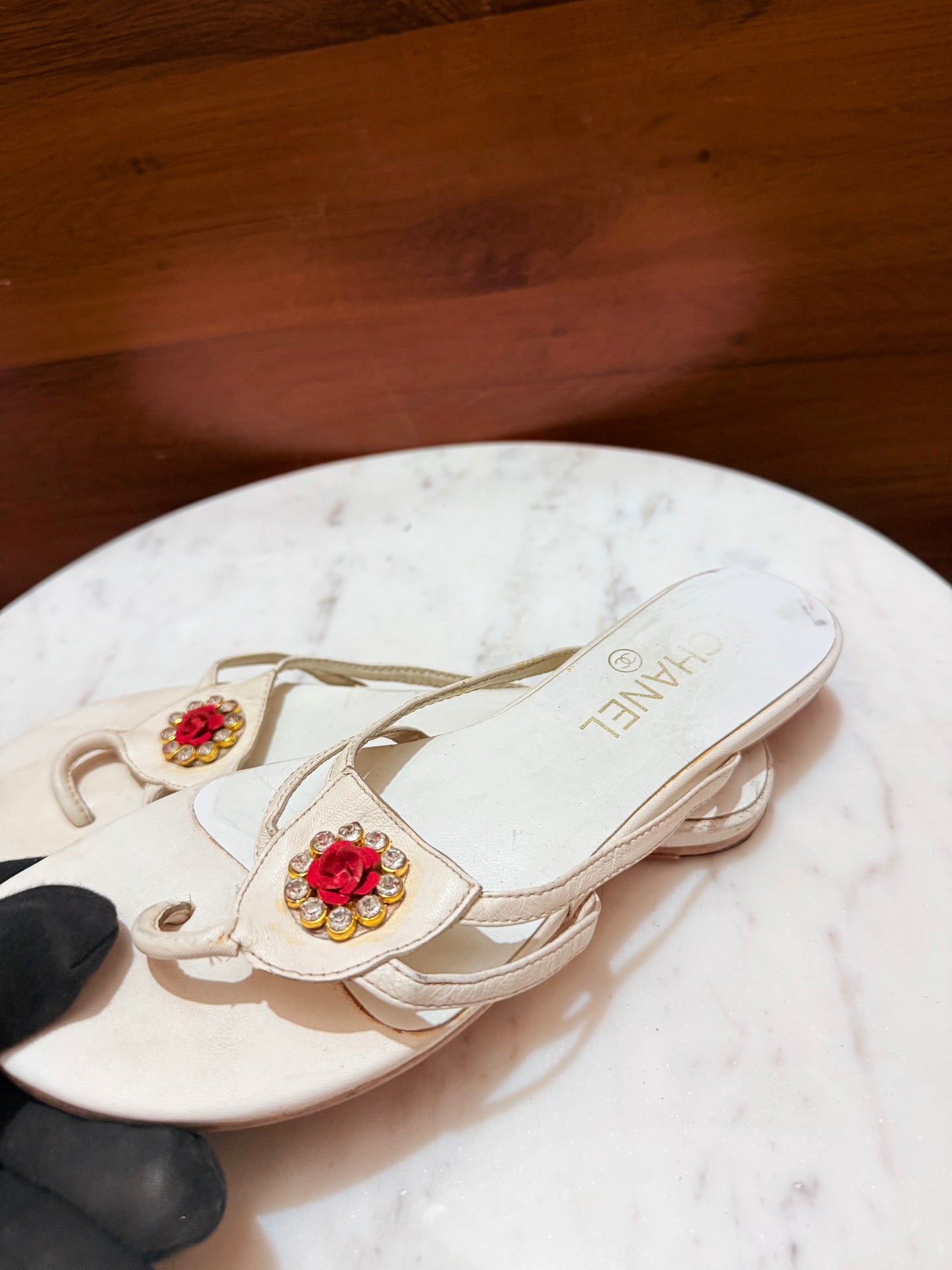 Chanel Camellia Flower Crystal Embellished Flat Thong Sandals