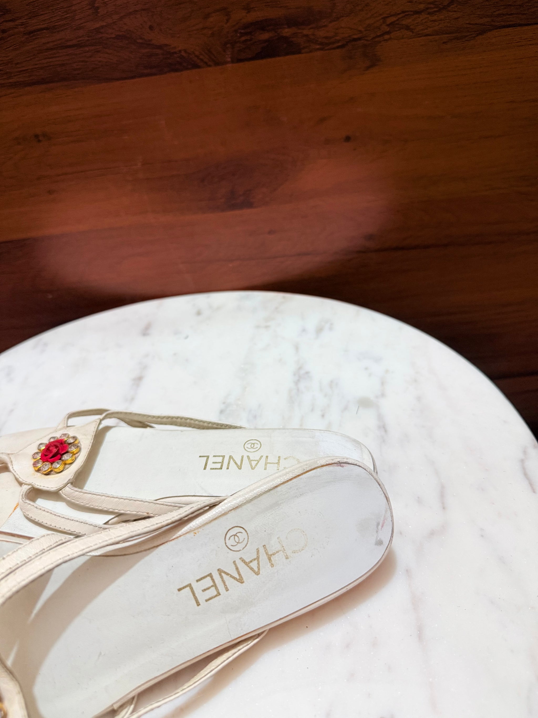 Chanel Camellia Flower Crystal Embellished Flat Thong Sandals