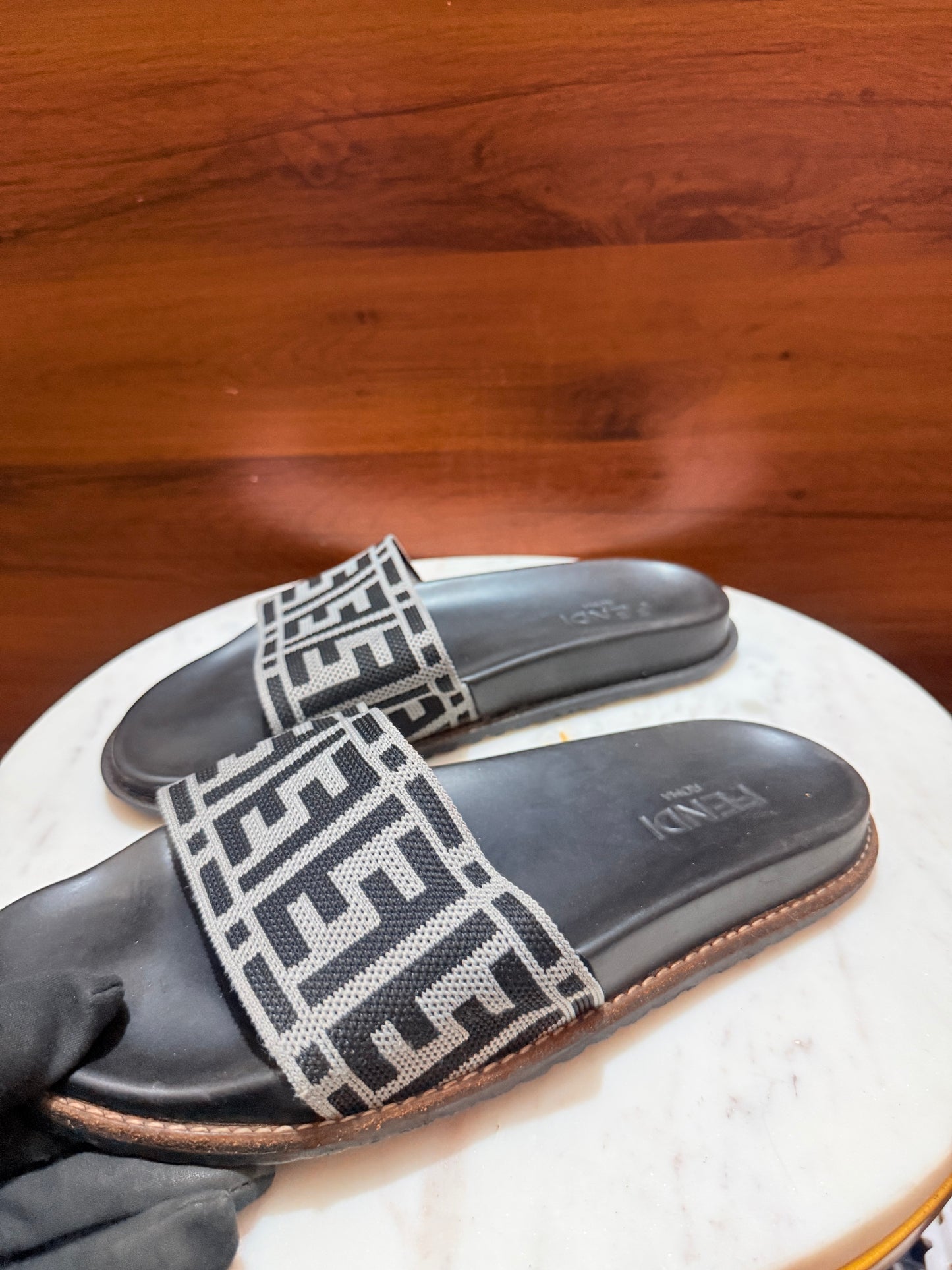 Fendi FF Motif Woven Fabric Slide Sandals