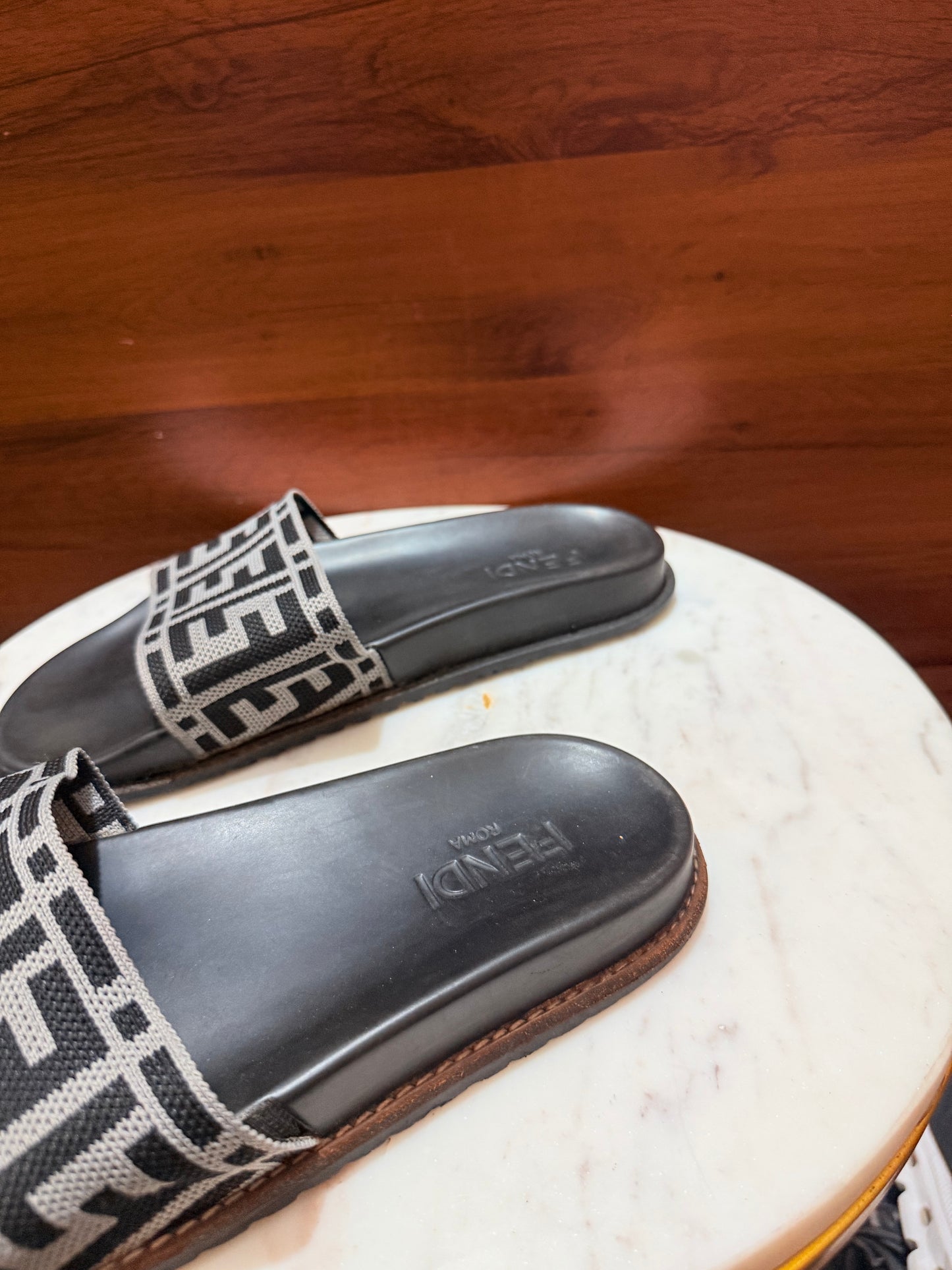 Fendi FF Motif Woven Fabric Slide Sandals