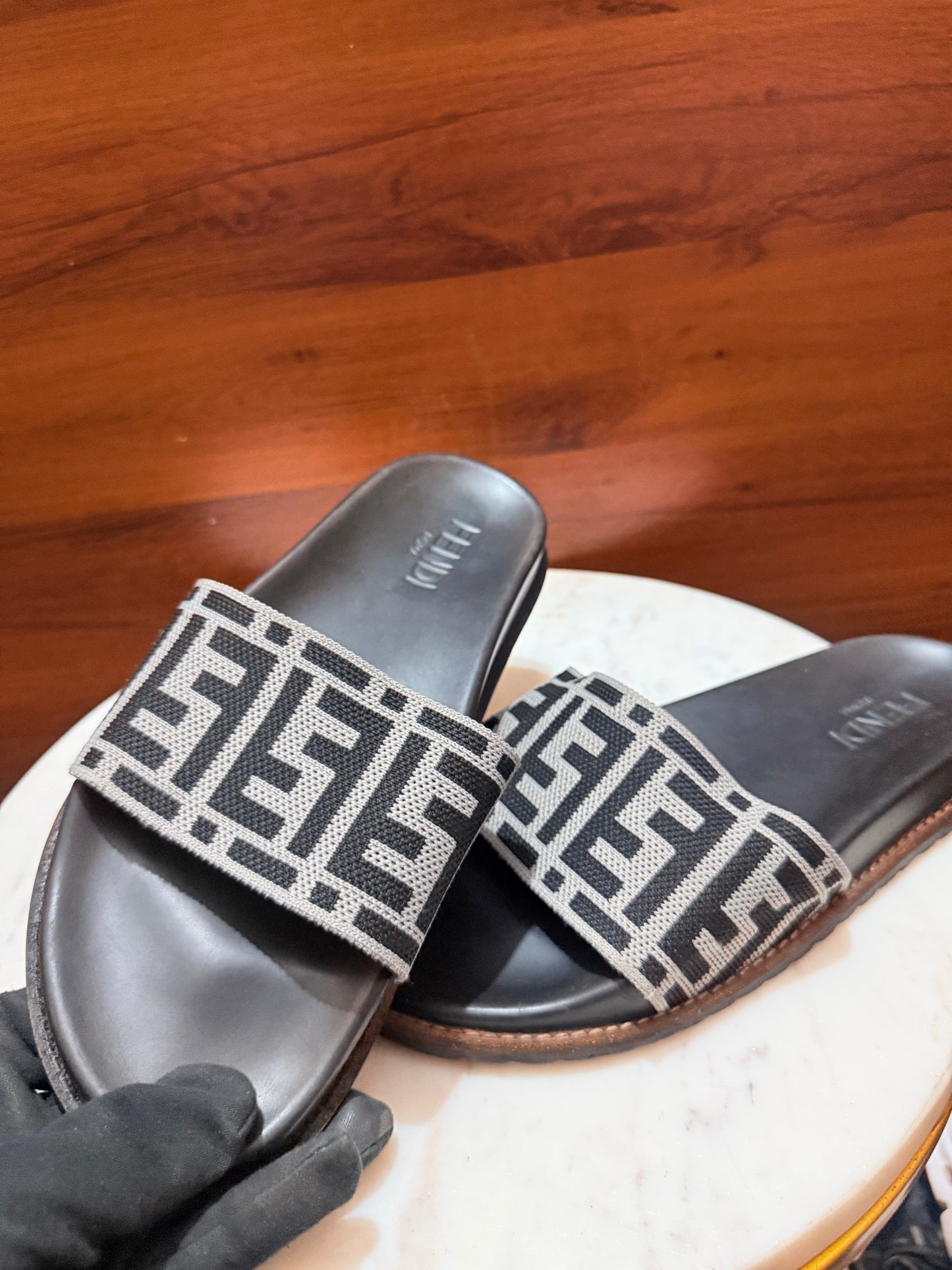 Fendi FF Motif Woven Fabric Slide Sandals