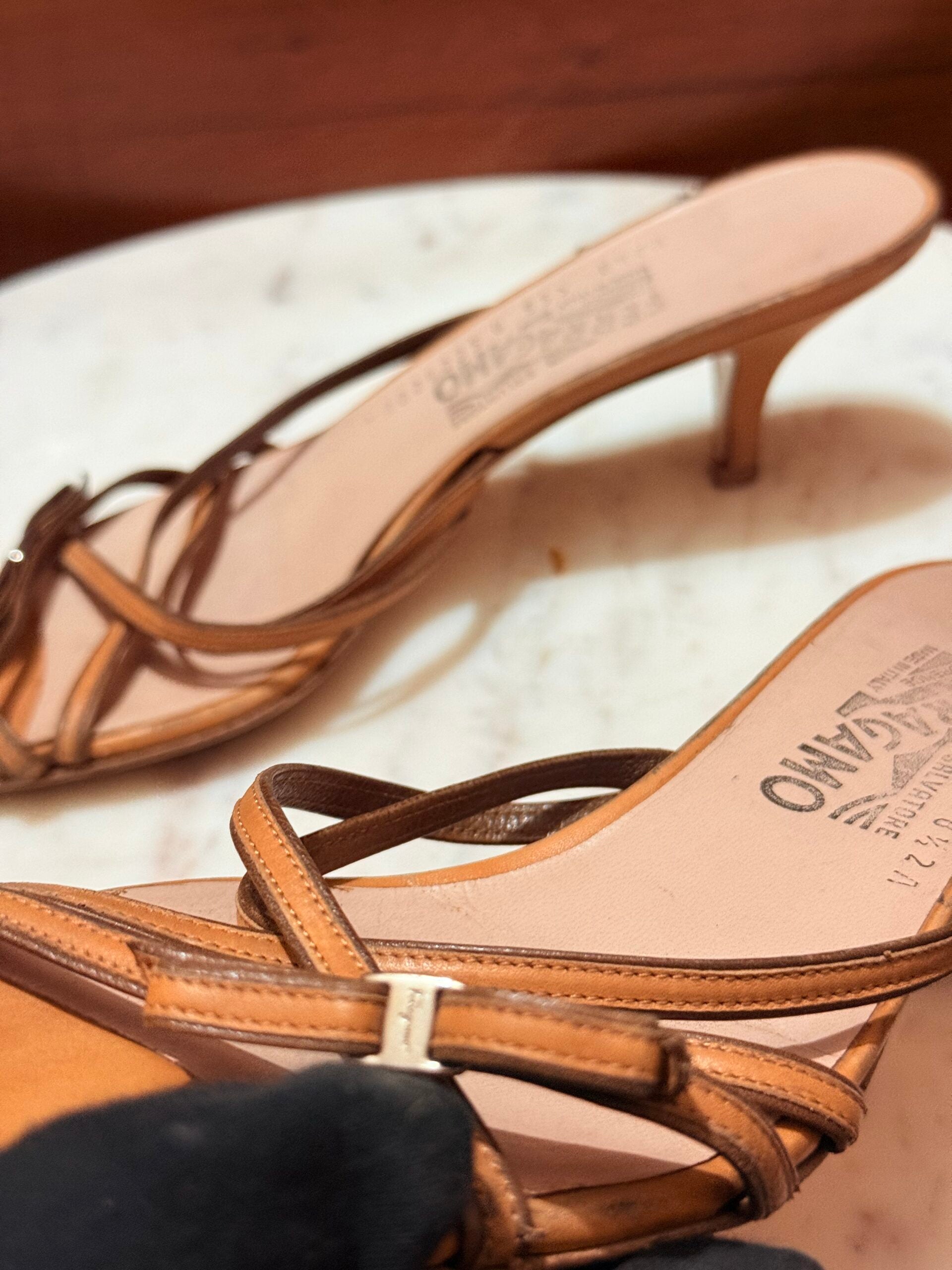 Ferragamo – Strappy Leather Kitten Heel Mule Sandals
