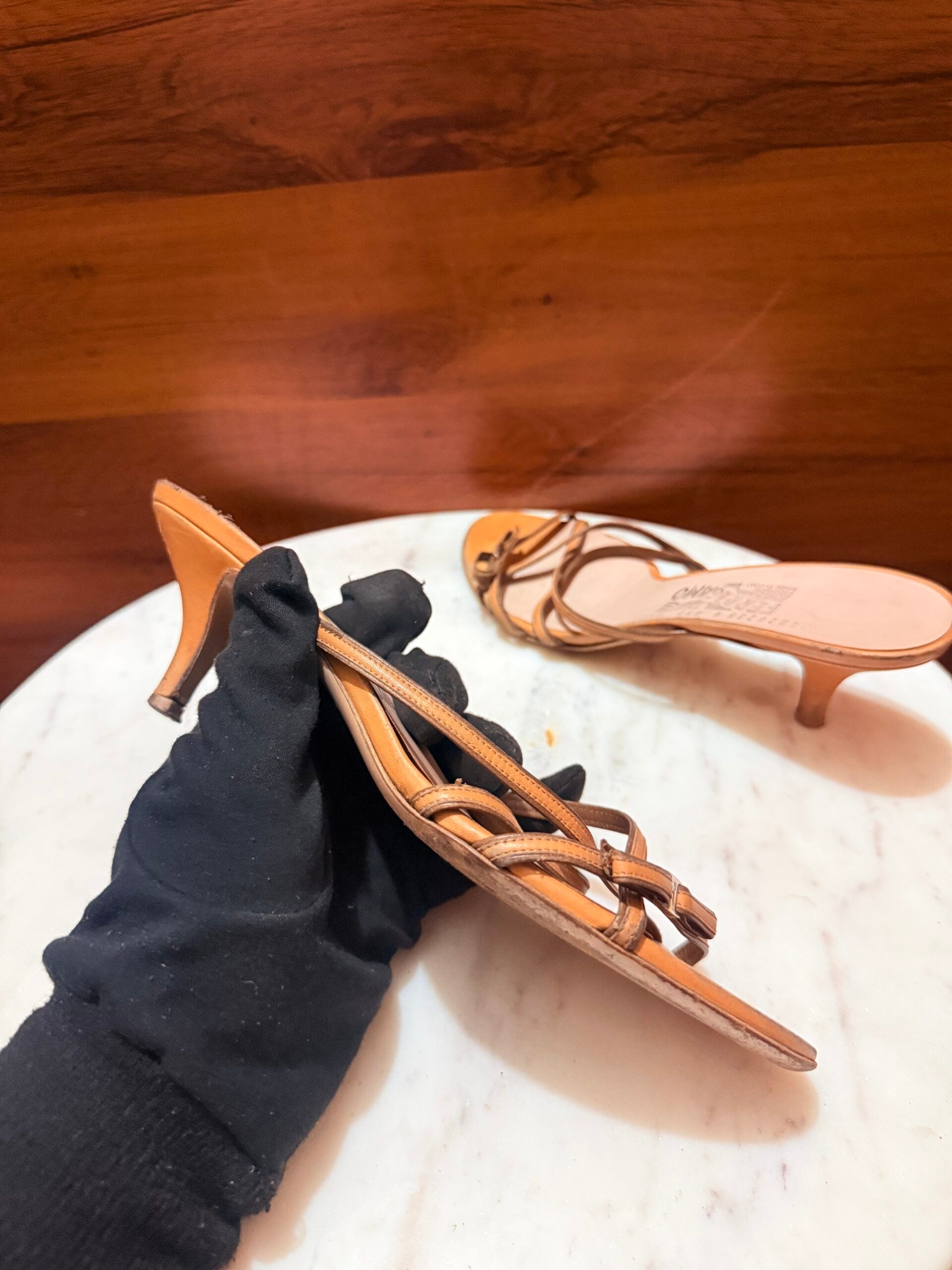 Ferragamo – Strappy Leather Kitten Heel Mule Sandals