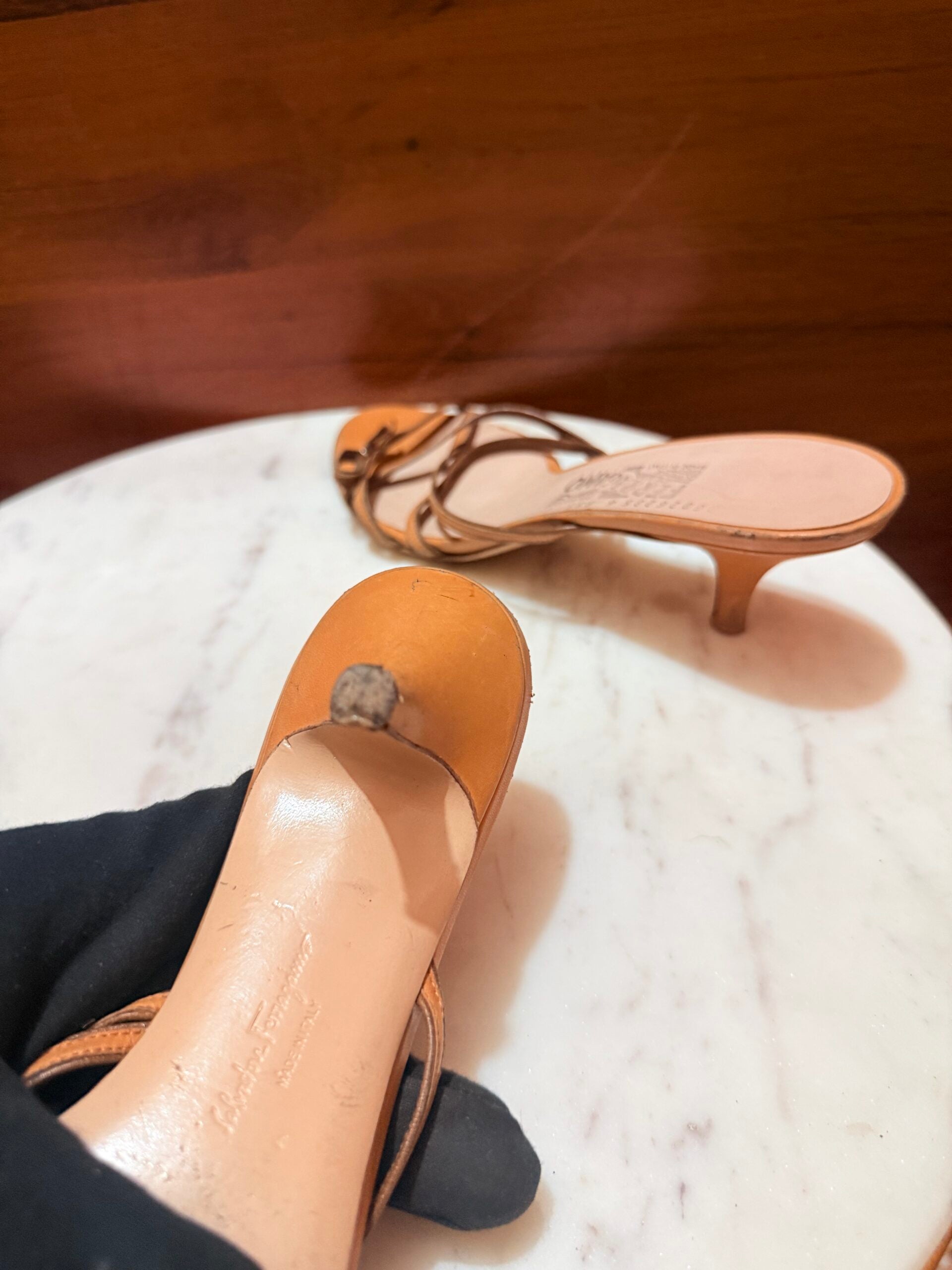 Ferragamo – Strappy Leather Kitten Heel Mule Sandals