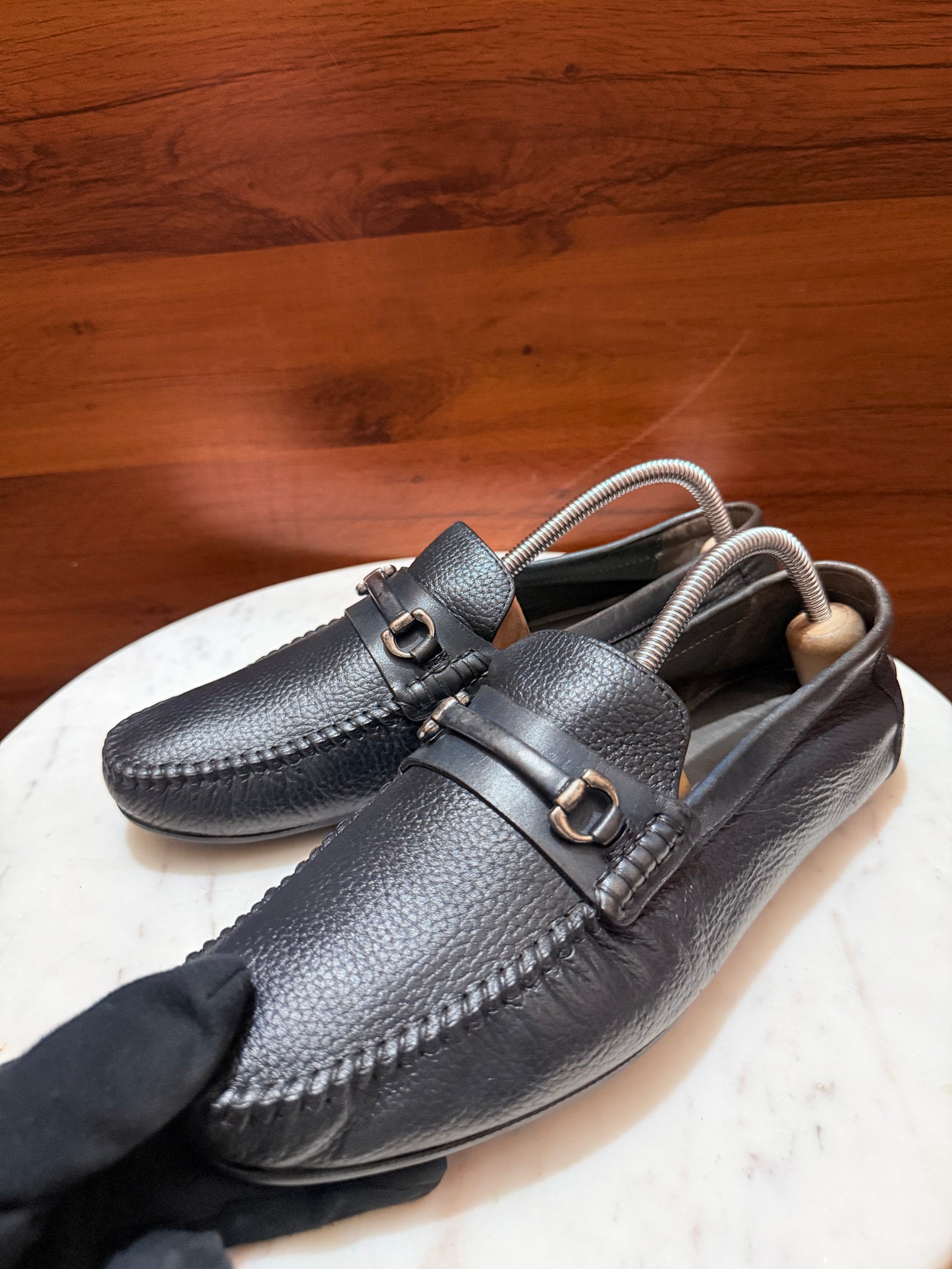 Rosso Brunello Pebbled Leather Gancini Bit Driving Loafers