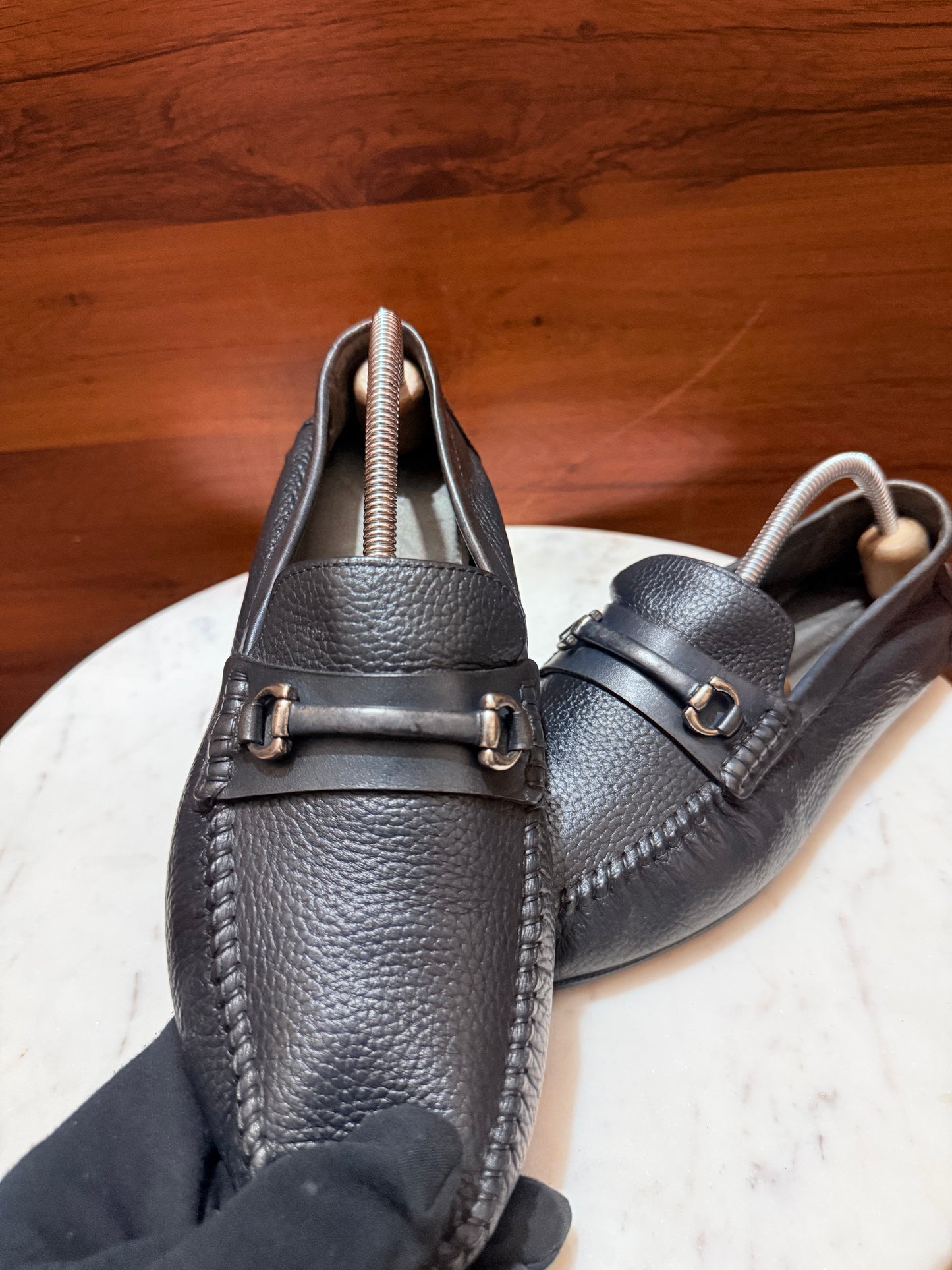 Rosso Brunello Pebbled Leather Gancini Bit Driving Loafers