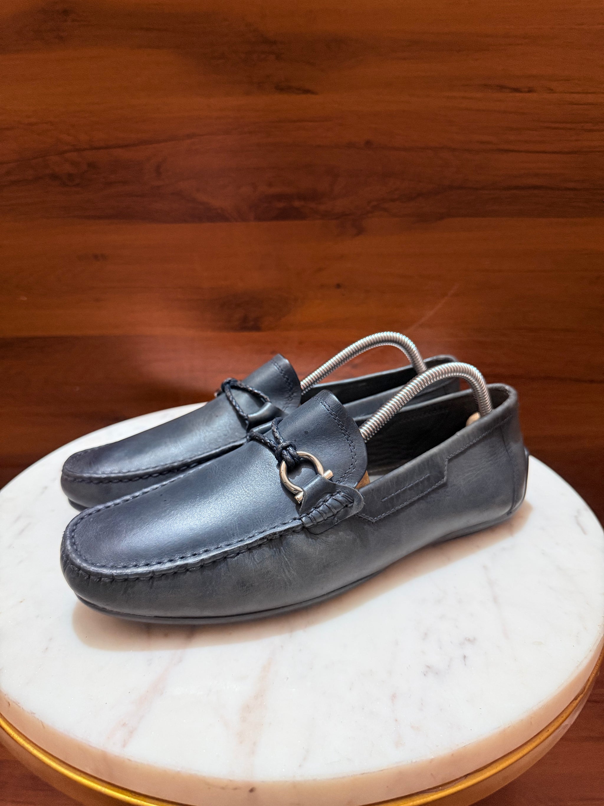 Rosso Brunello Woven Trim Gancini Leather Driving Loafers