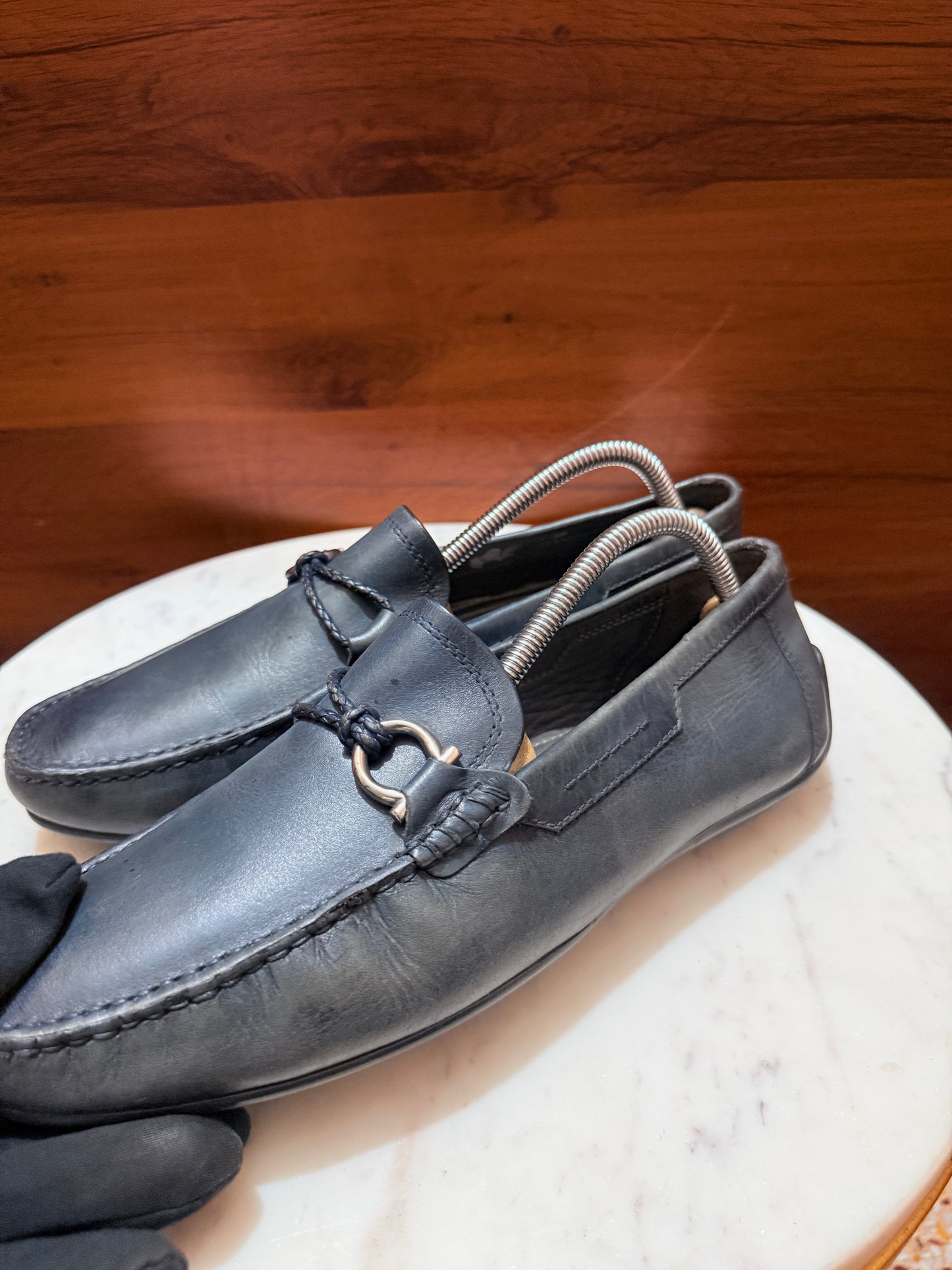 Rosso Brunello Woven Trim Gancini Leather Driving Loafers