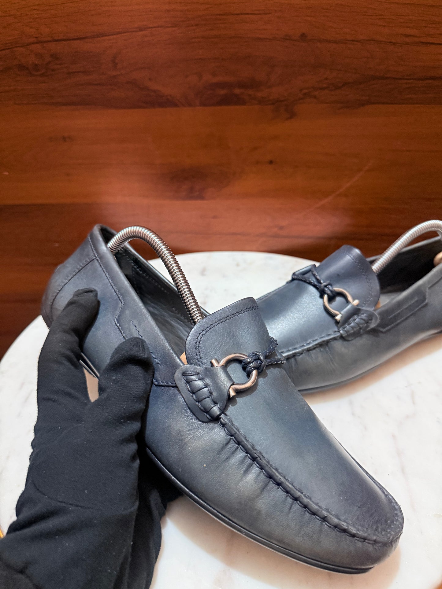 Rosso Brunello Woven Trim Gancini Leather Driving Loafers