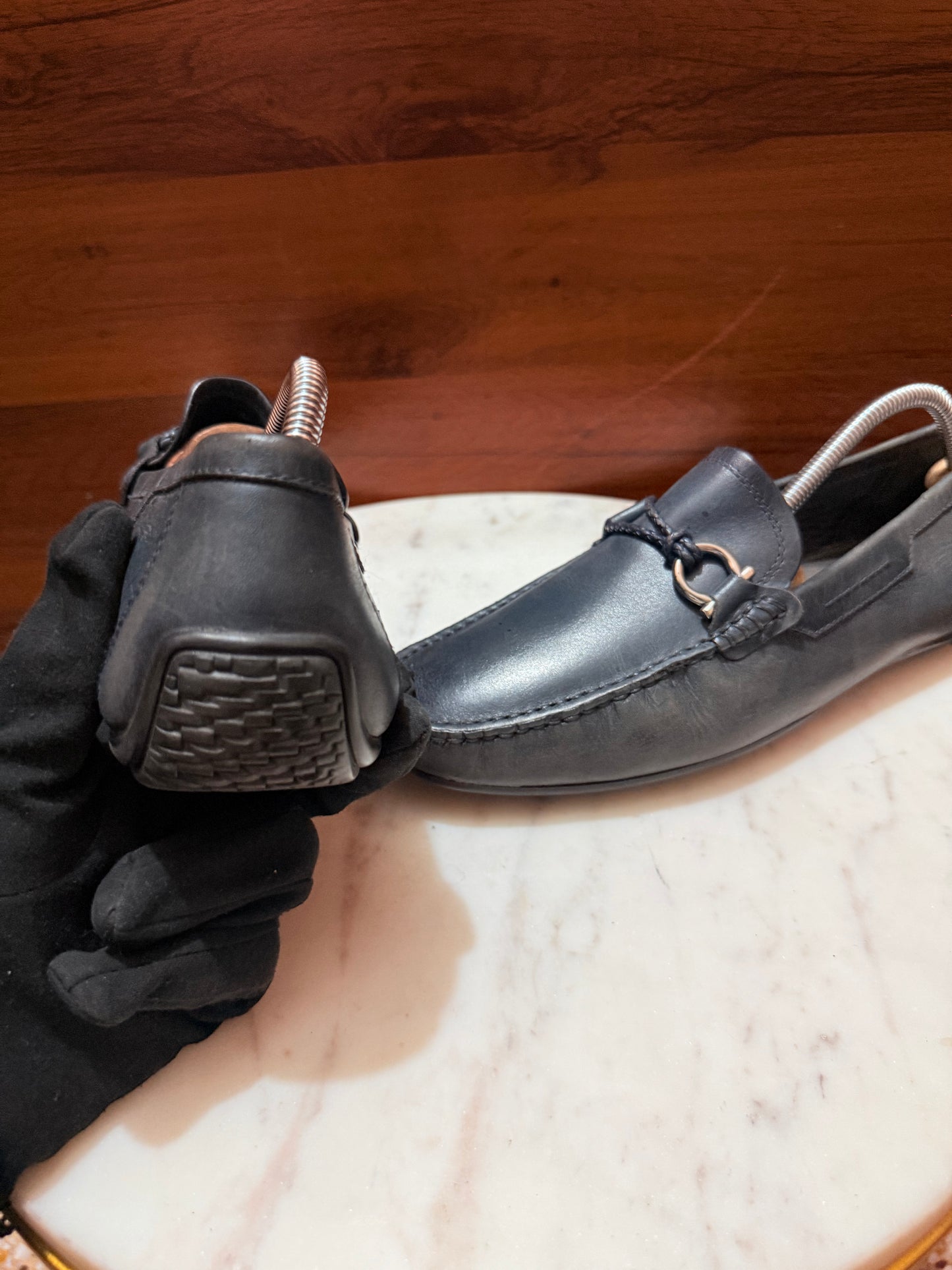 Rosso Brunello Woven Trim Gancini Leather Driving Loafers