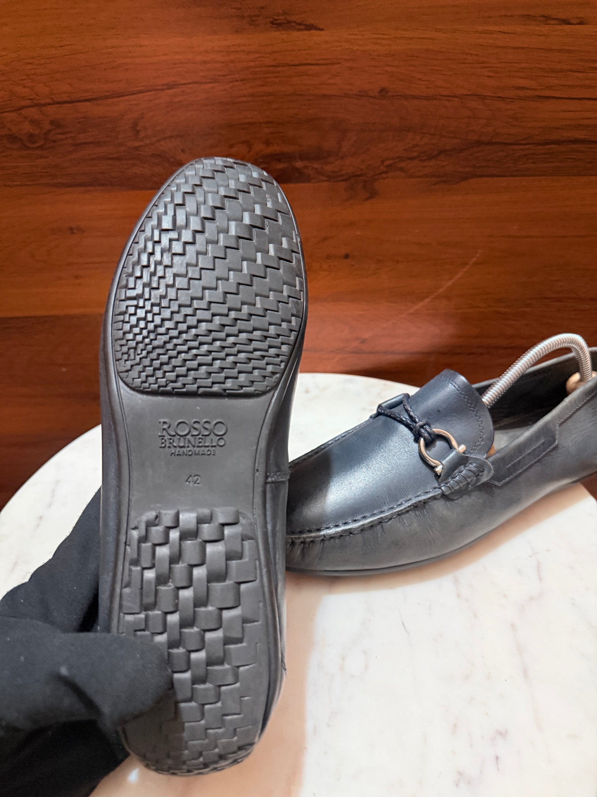 Rosso Brunello Woven Trim Gancini Leather Driving Loafers