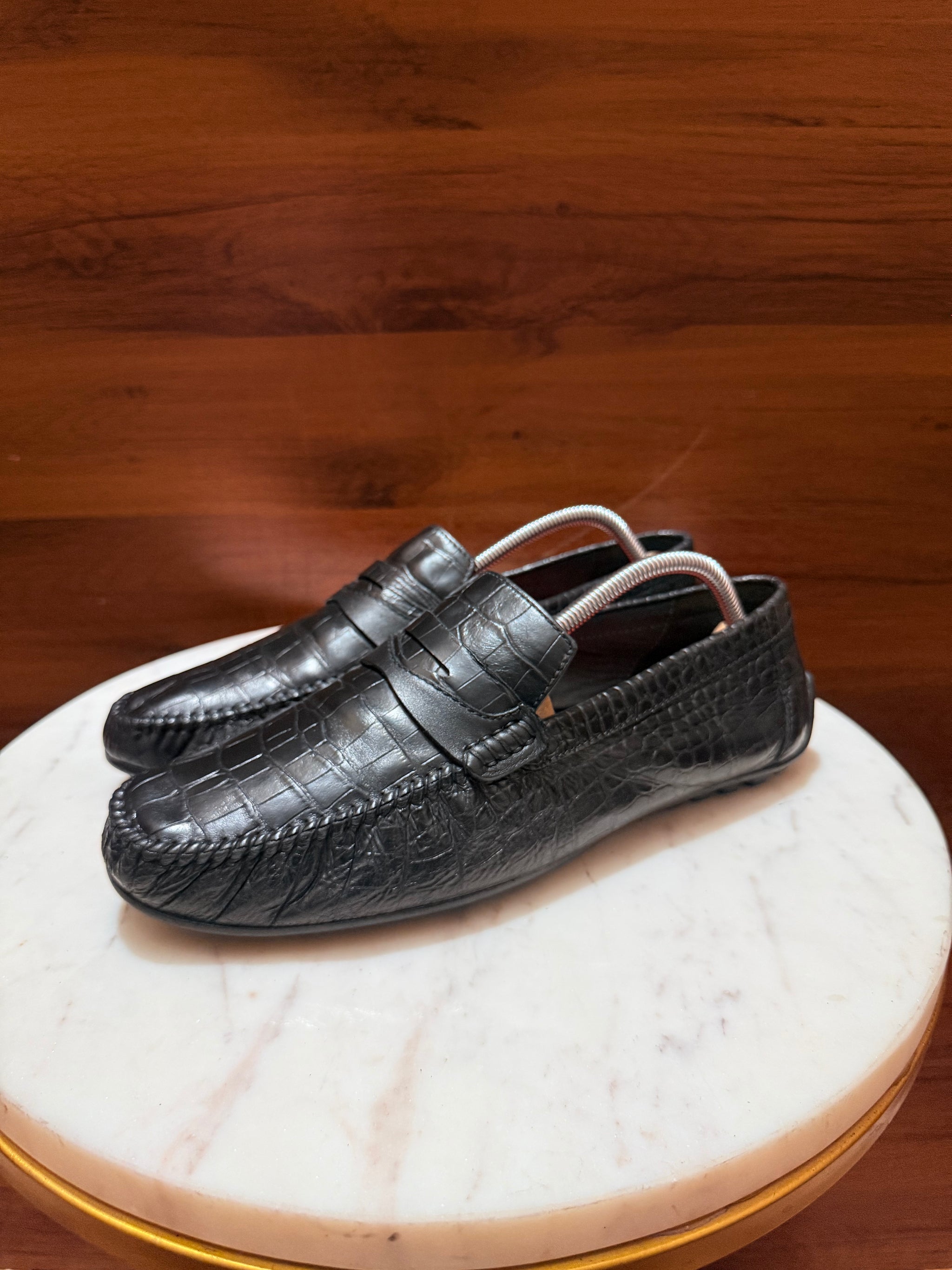 Rosso Brunello Crocodile-Embossed Leather Penny Driving Loafers