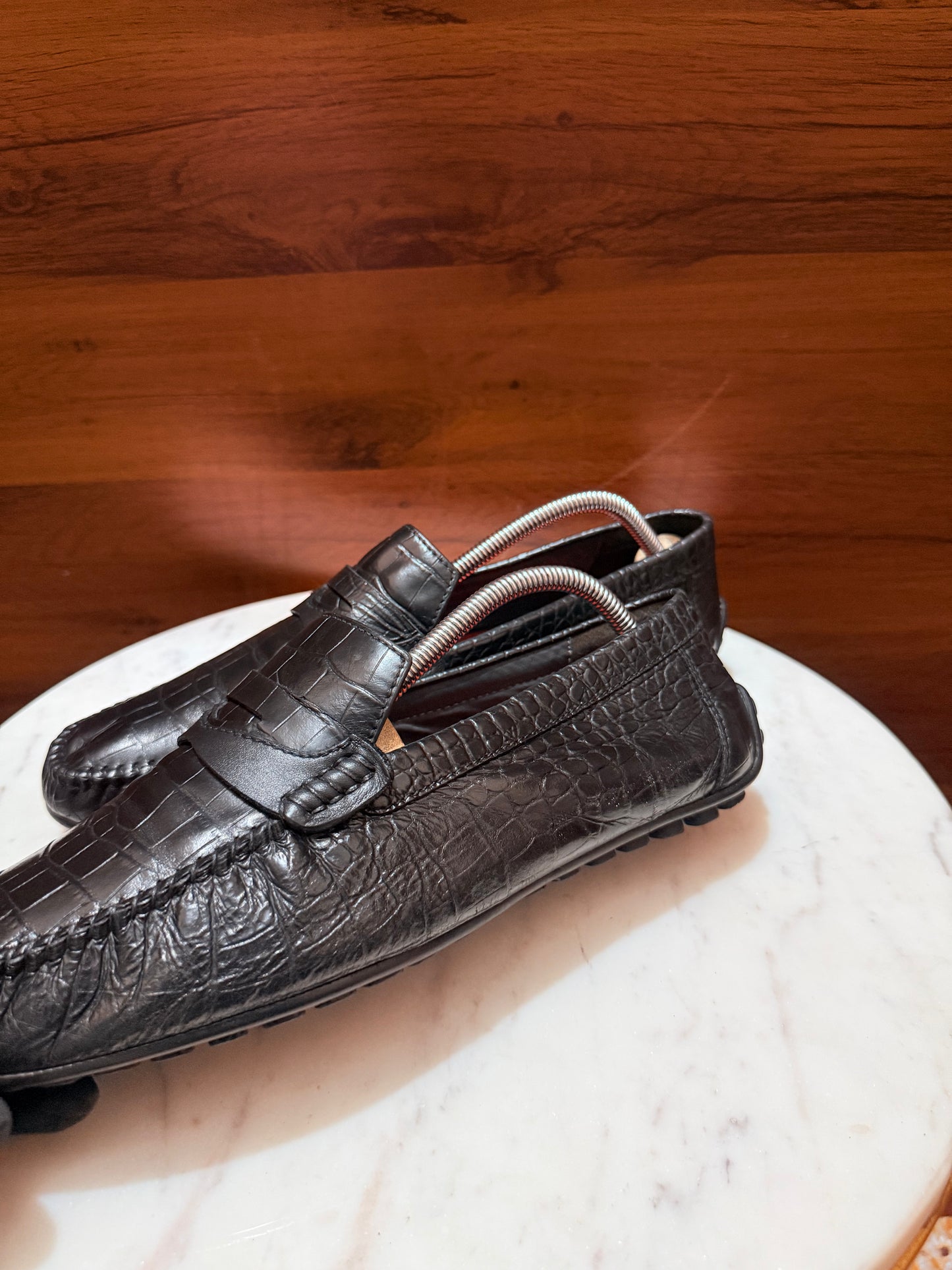 Rosso Brunello Crocodile-Embossed Leather Penny Driving Loafers