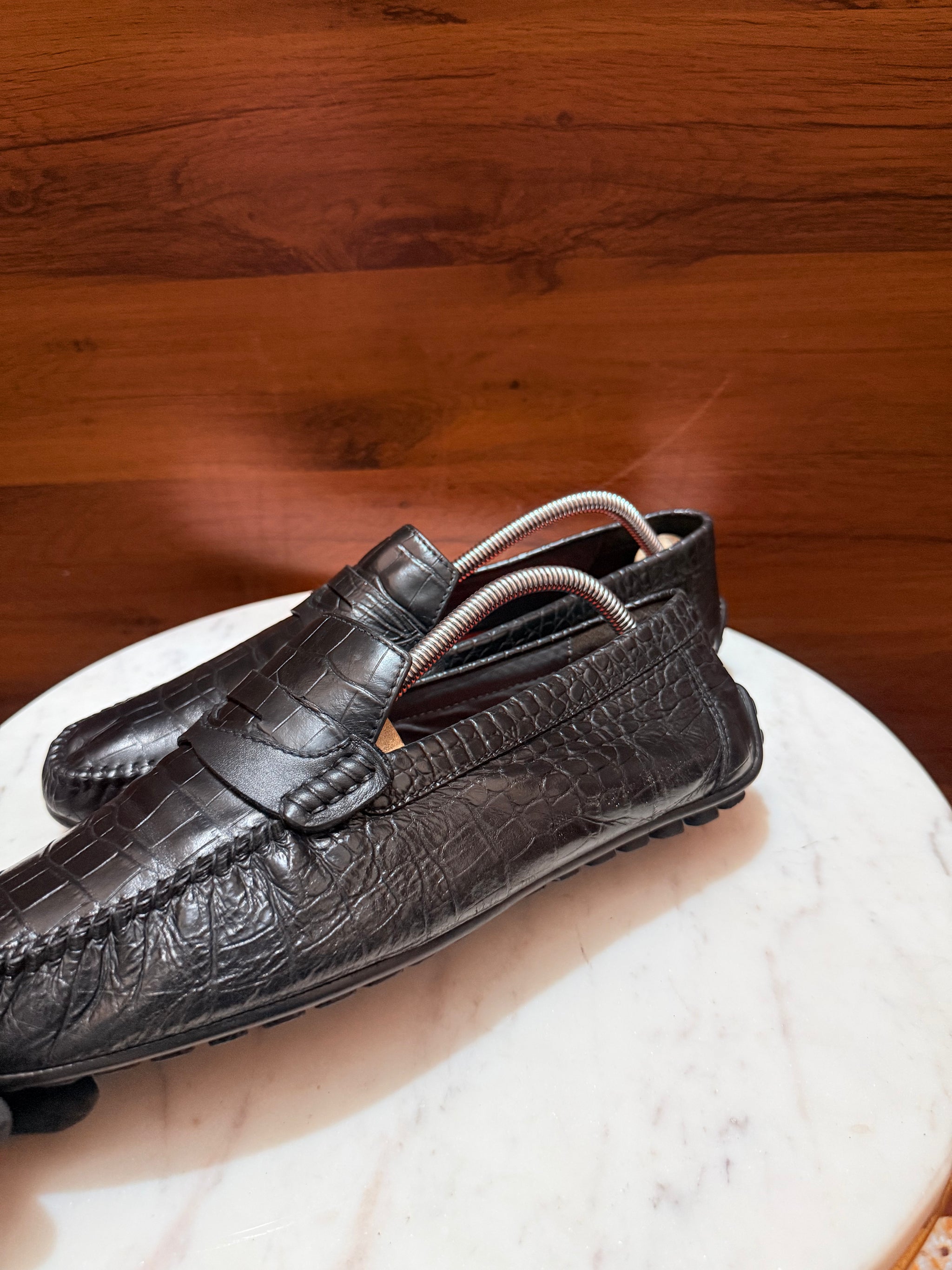 Rosso Brunello Crocodile-Embossed Leather Penny Driving Loafers