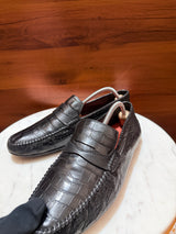 Rosso Brunello Crocodile-Embossed Leather Penny Driving Loafers