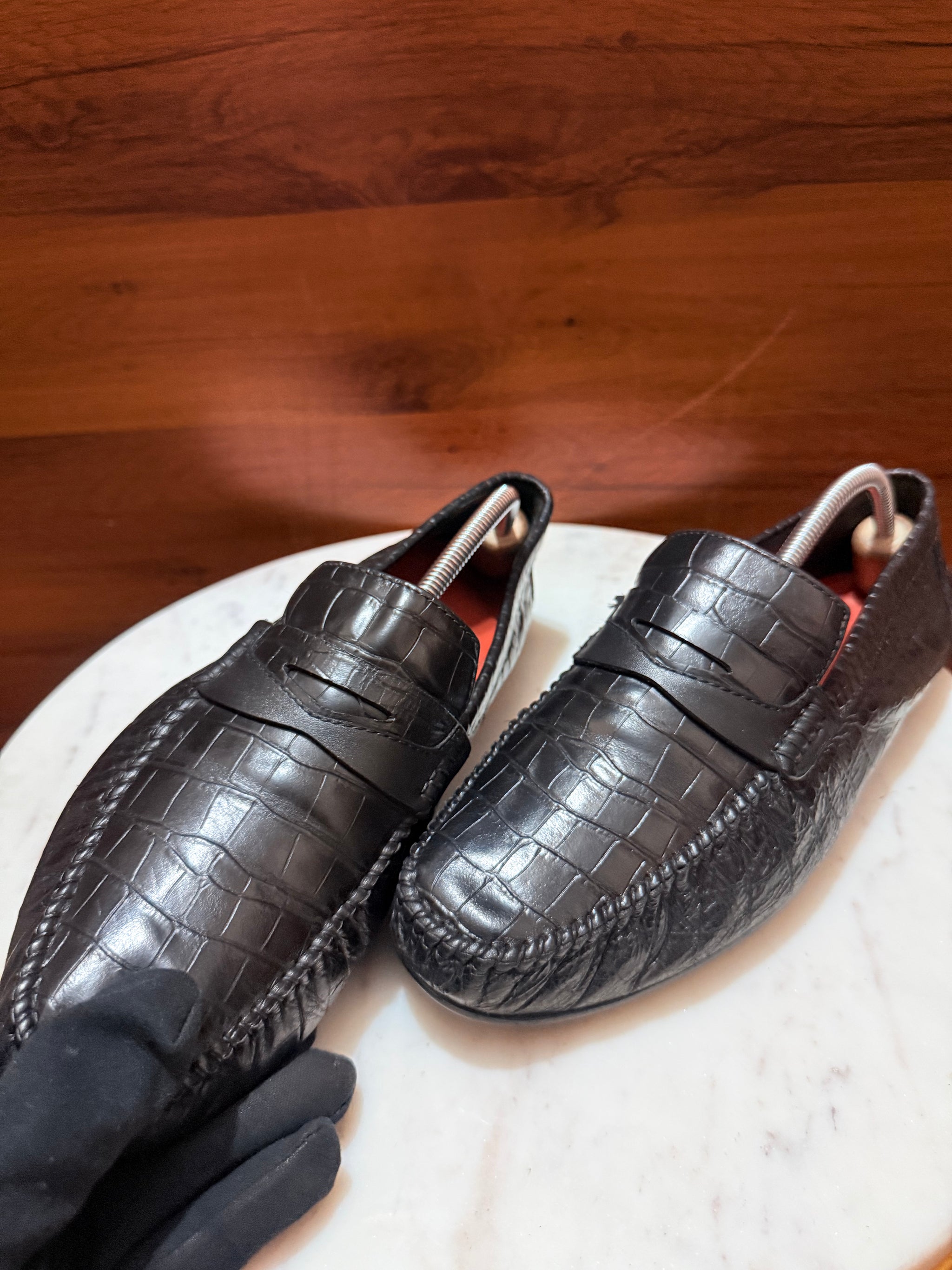 Rosso Brunello Crocodile-Embossed Leather Penny Driving Loafers