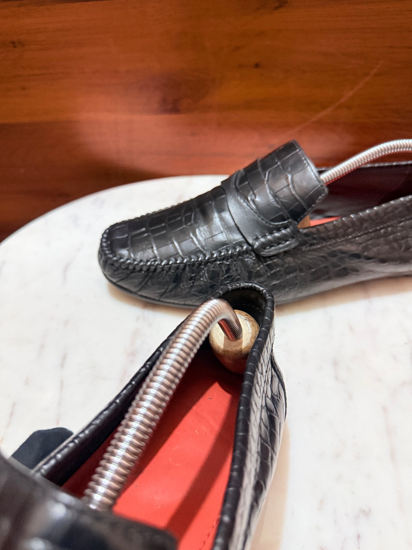 Rosso Brunello Crocodile-Embossed Leather Penny Driving Loafers