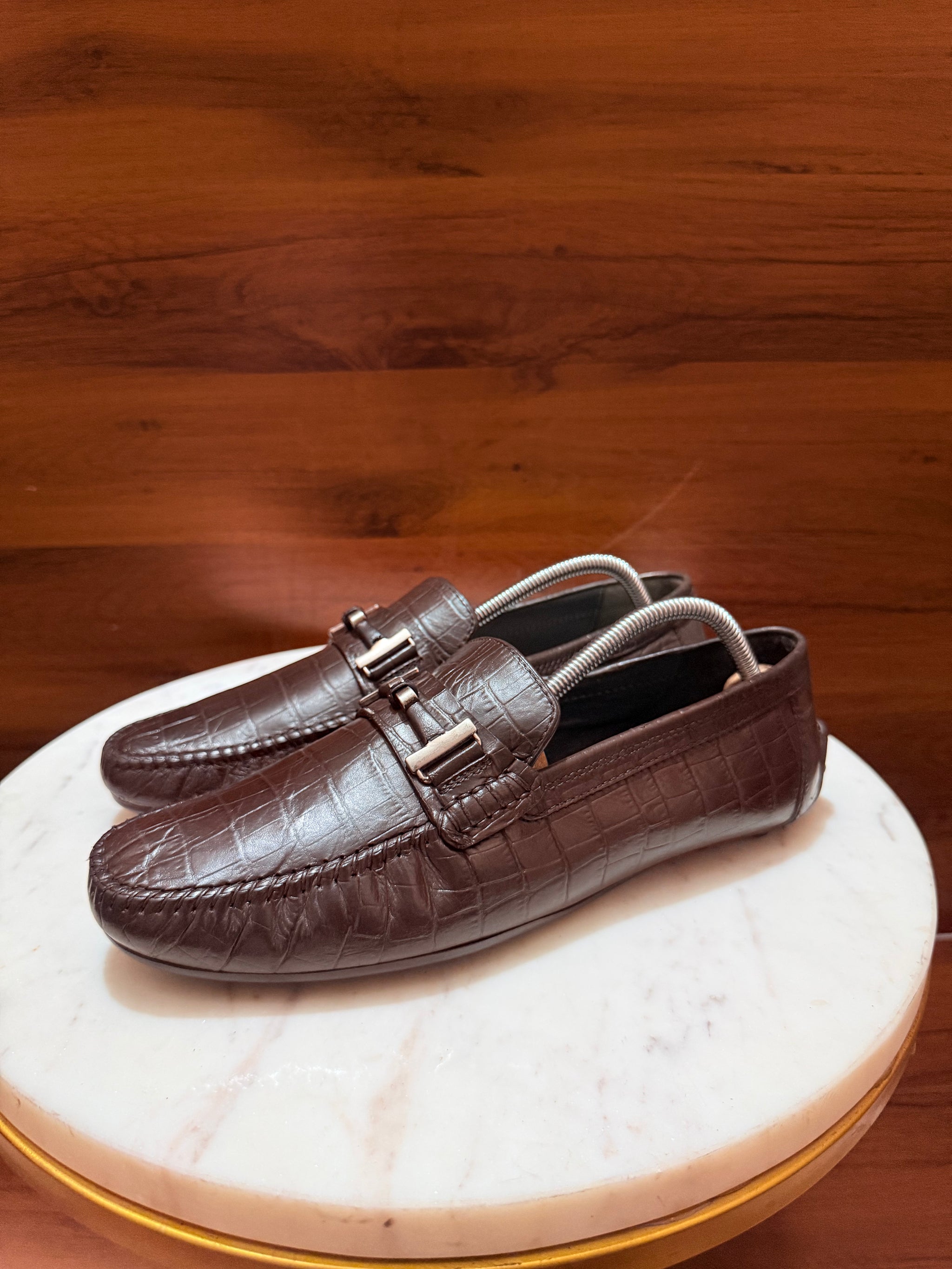 Rosso Brunello Crocodile-Embossed Leather Bit Driving Loafers
