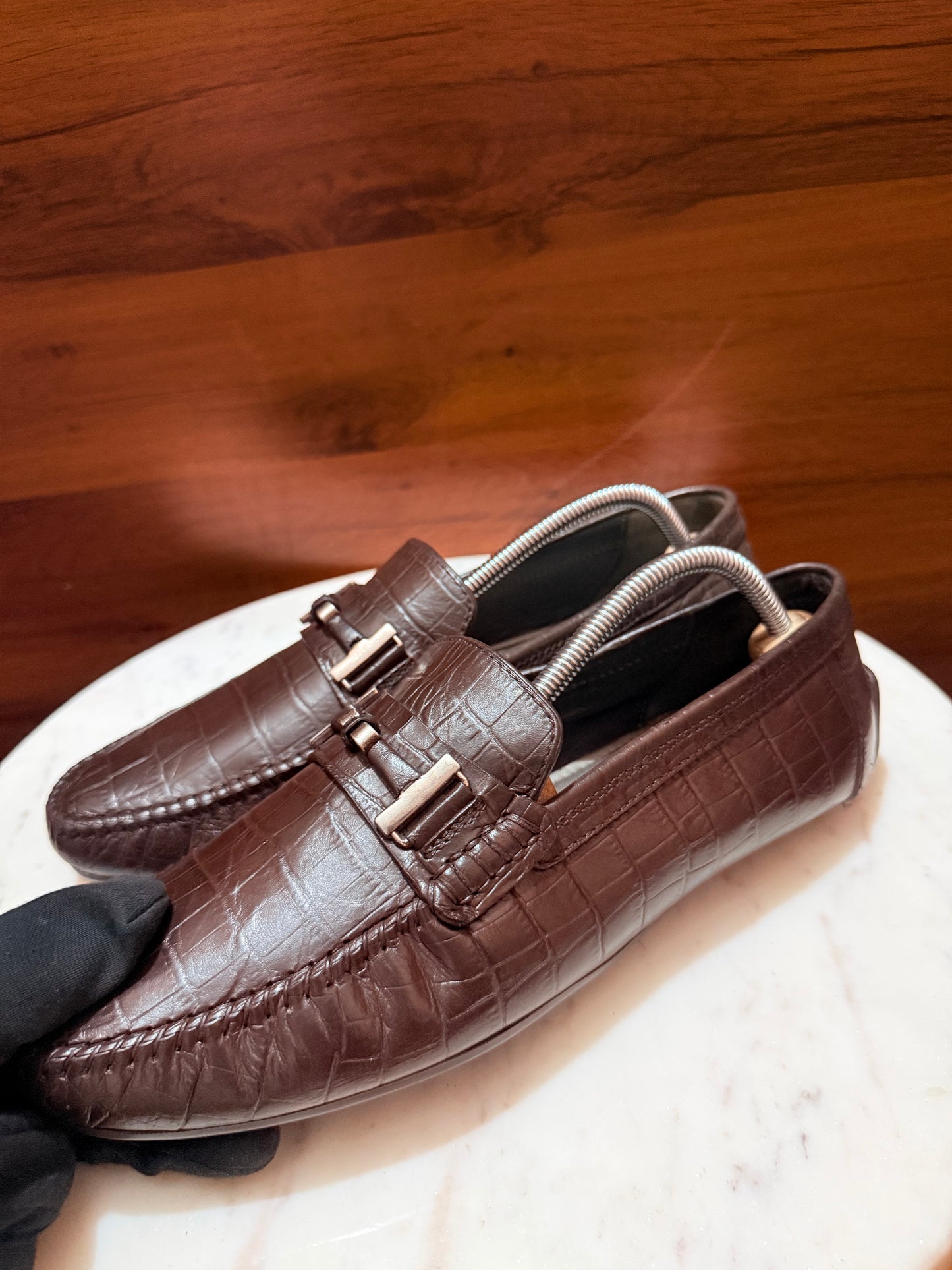 Rosso Brunello Crocodile-Embossed Leather Bit Driving Loafers