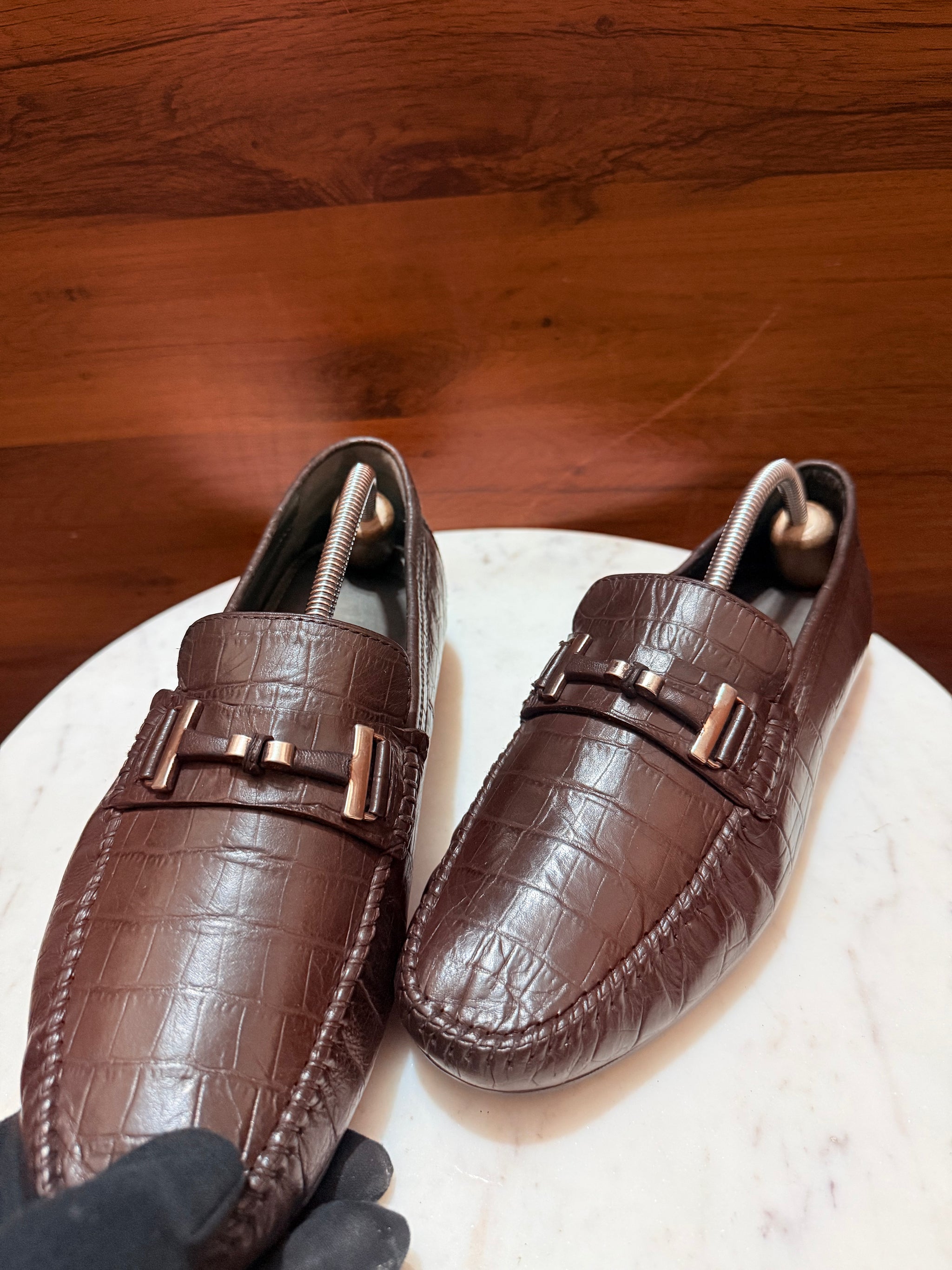 Rosso Brunello Crocodile-Embossed Leather Bit Driving Loafers