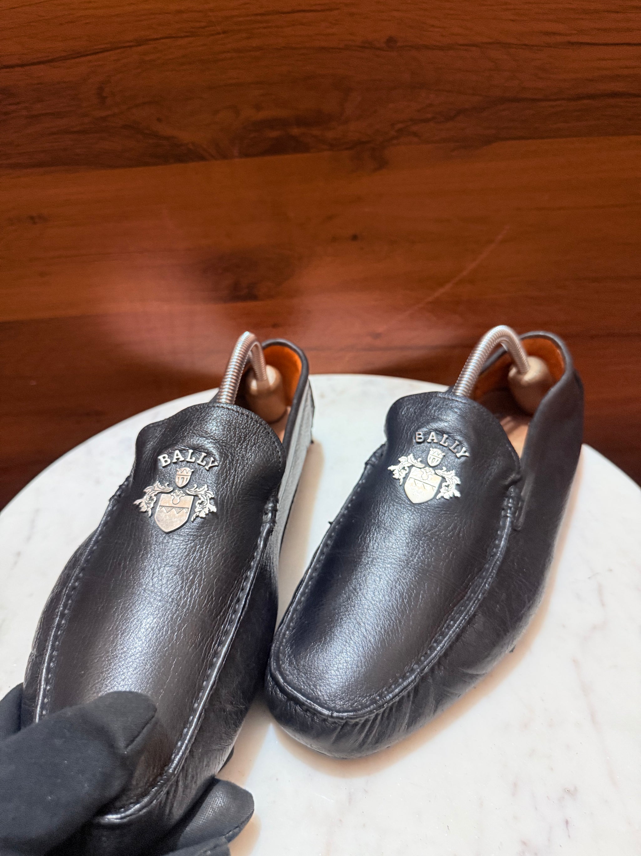 Bally Crest Embellished Leather Driving Loafers