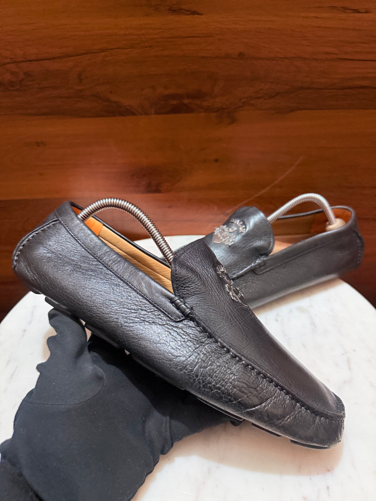 Bally Crest Embellished Leather Driving Loafers