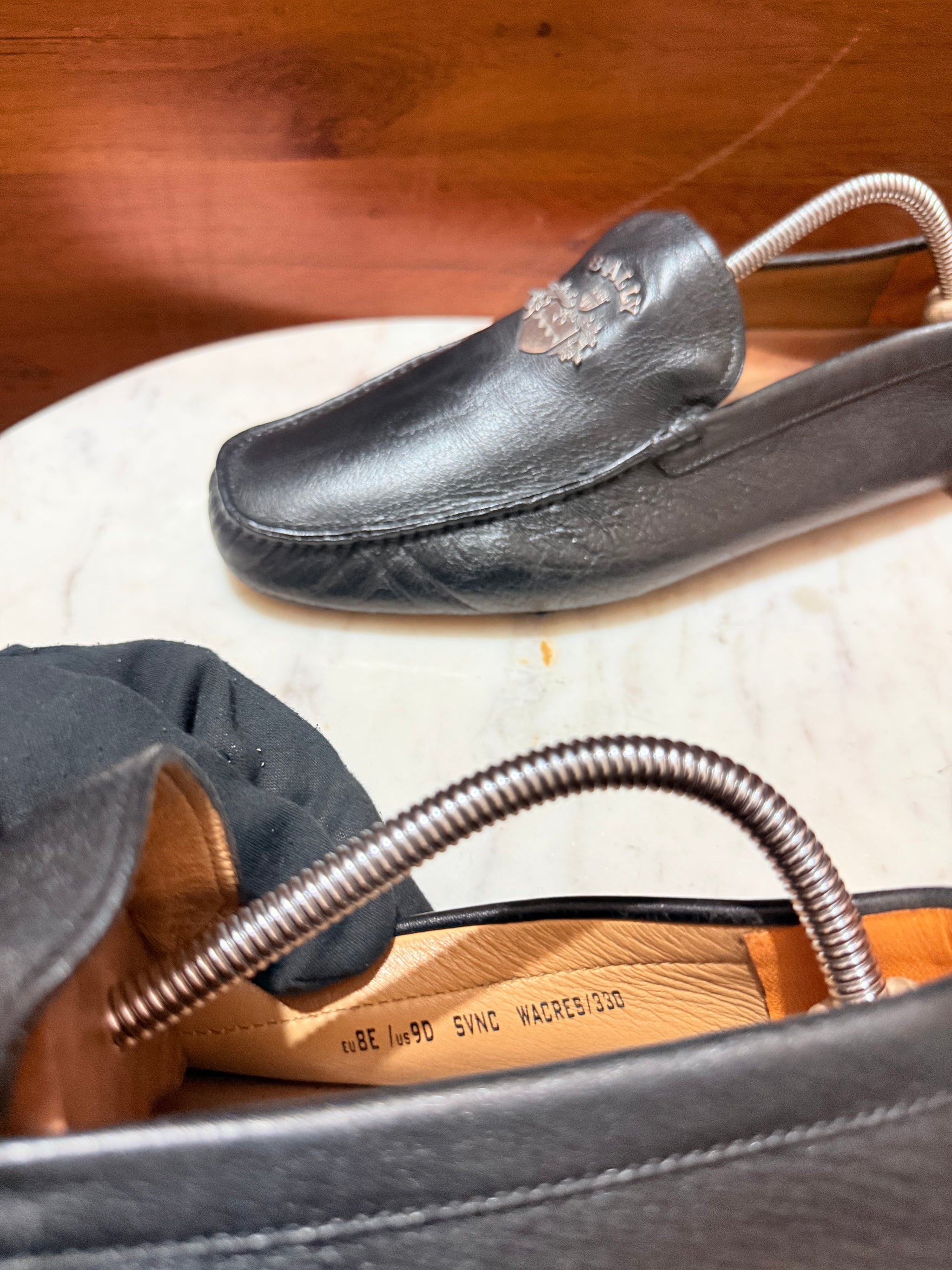 Bally Crest Embellished Leather Driving Loafers