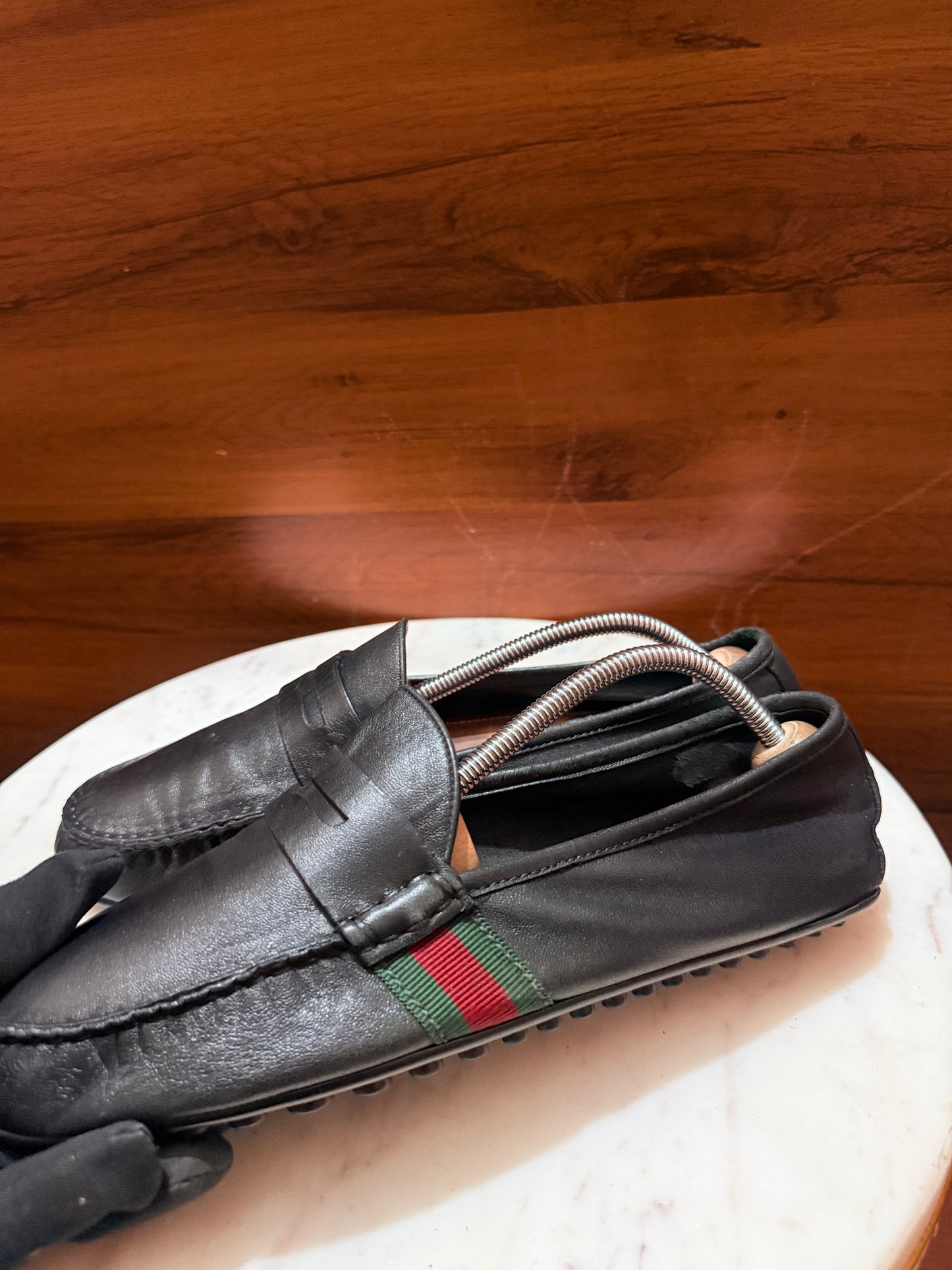 Gucci Web Band Grain Leather Penny Driving Loafers