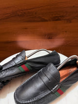 Gucci Web Band Grain Leather Penny Driving Loafers