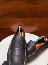 Gucci Web Band Grain Leather Penny Driving Loafers