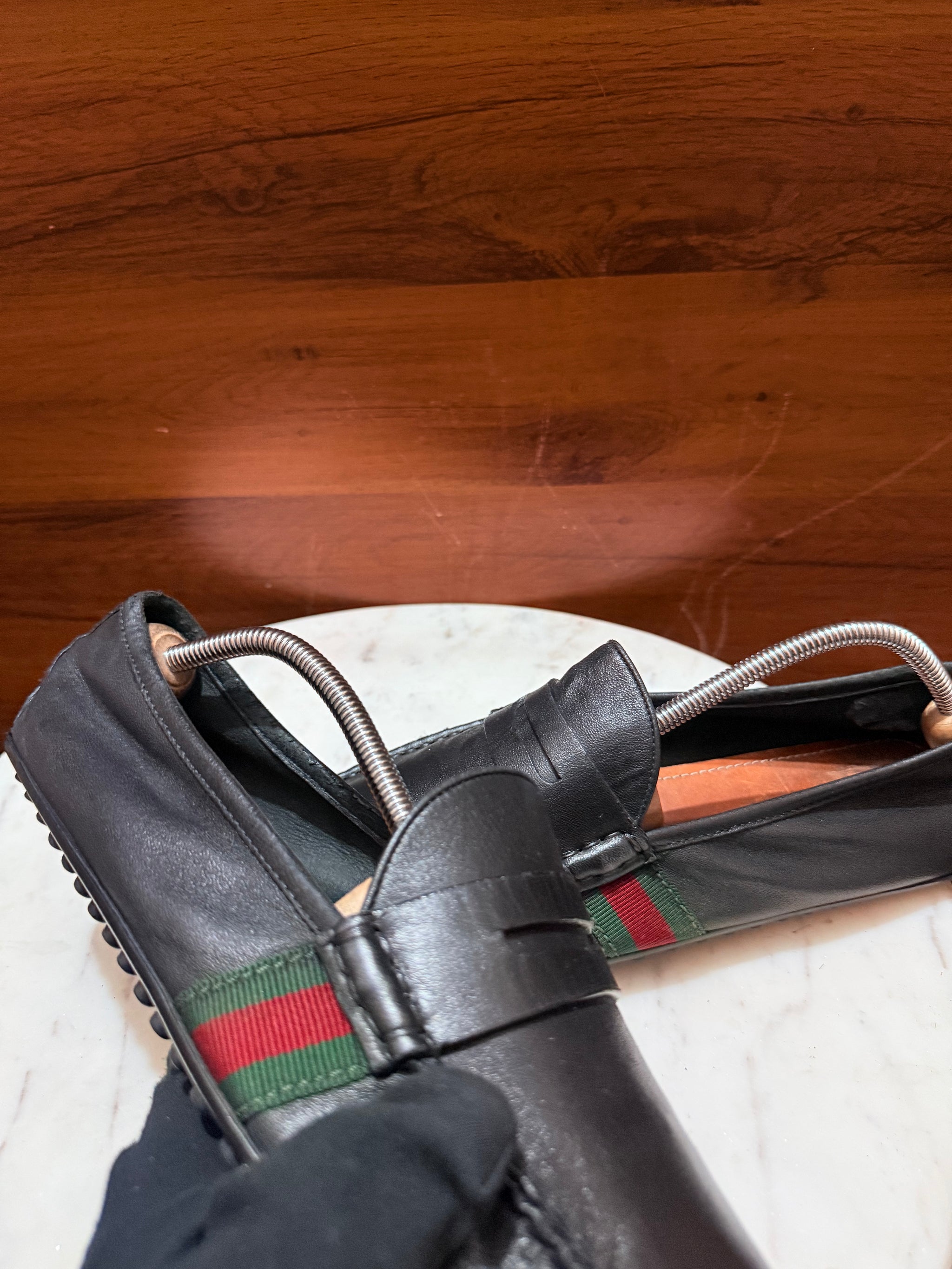 Gucci Web Band Grain Leather Penny Driving Loafers