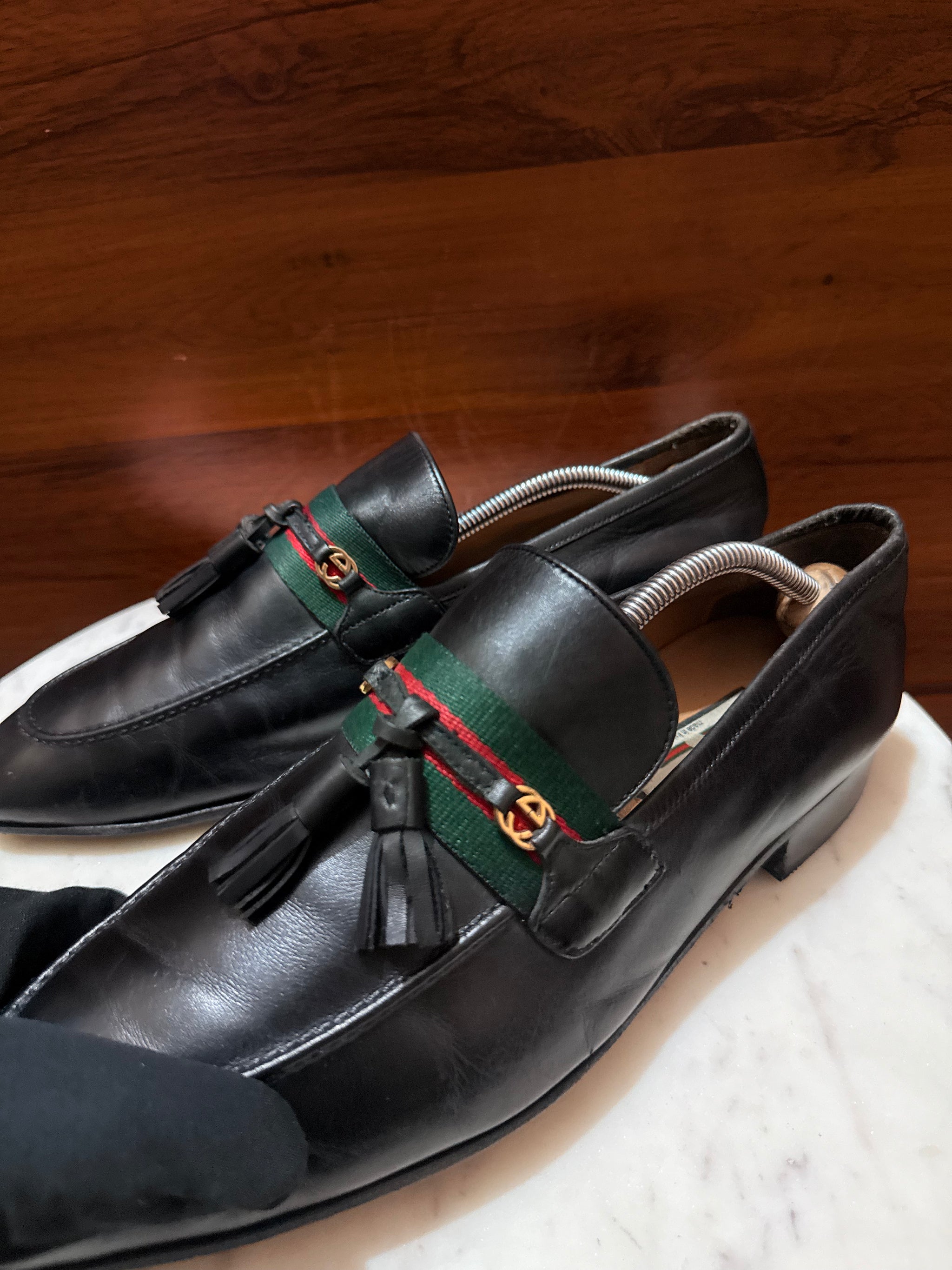 Gucci Web Tassel Leather Loafers