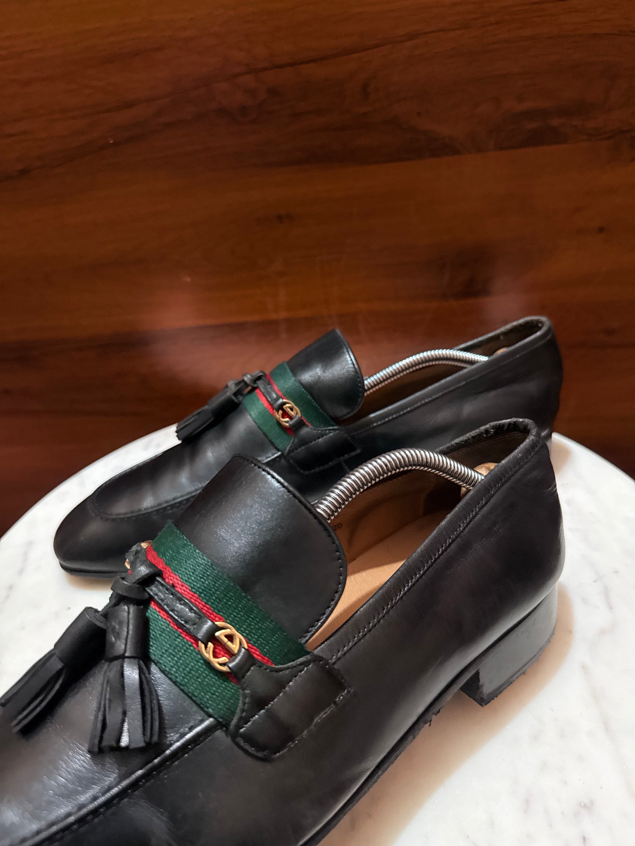 Gucci Web Tassel Leather Loafers
