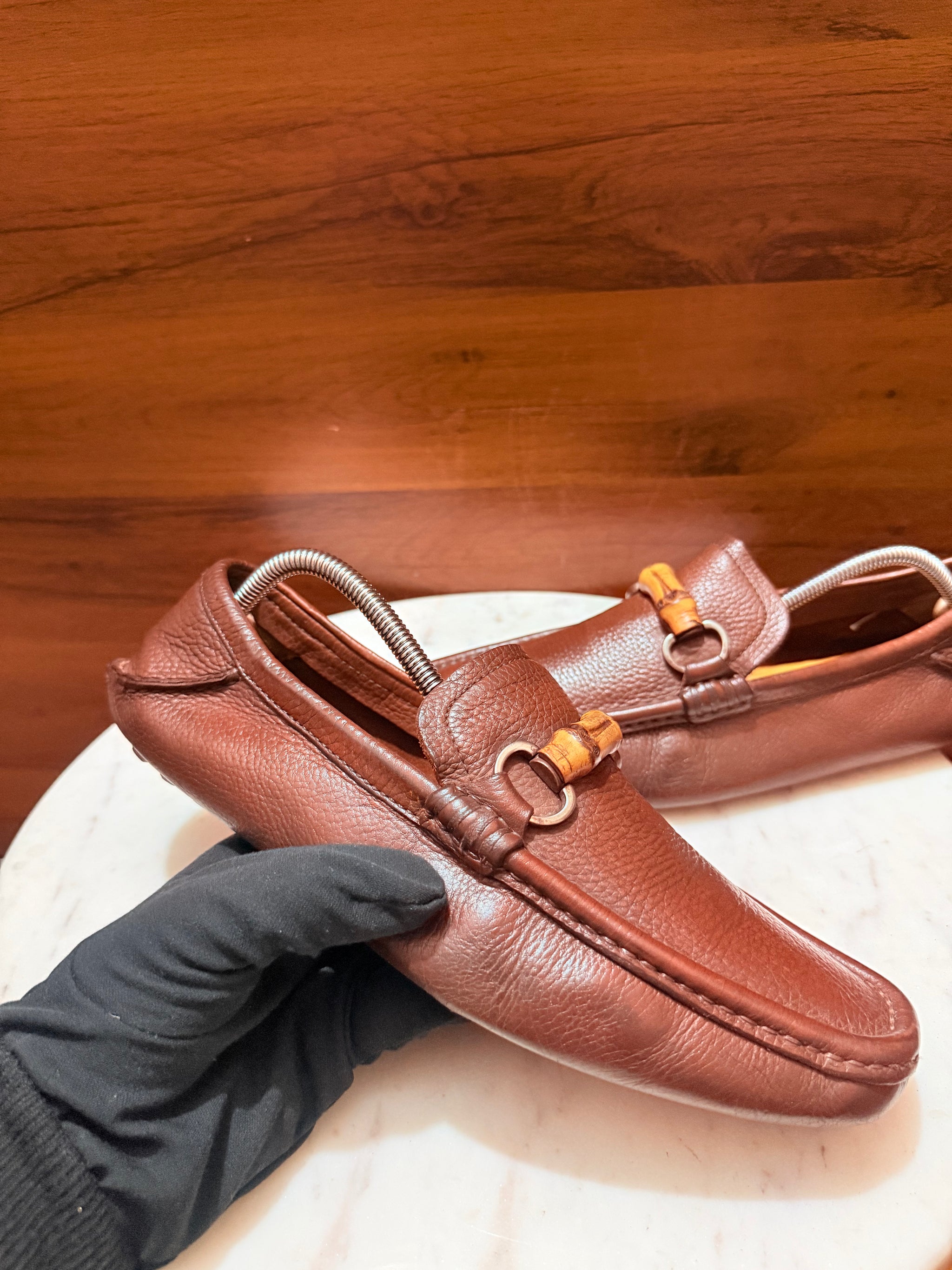 Gucci Bamboo Bit Grain Leather Driving Loafers