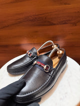 Gucci Web Strap Horsebit Grain Leather Loafers