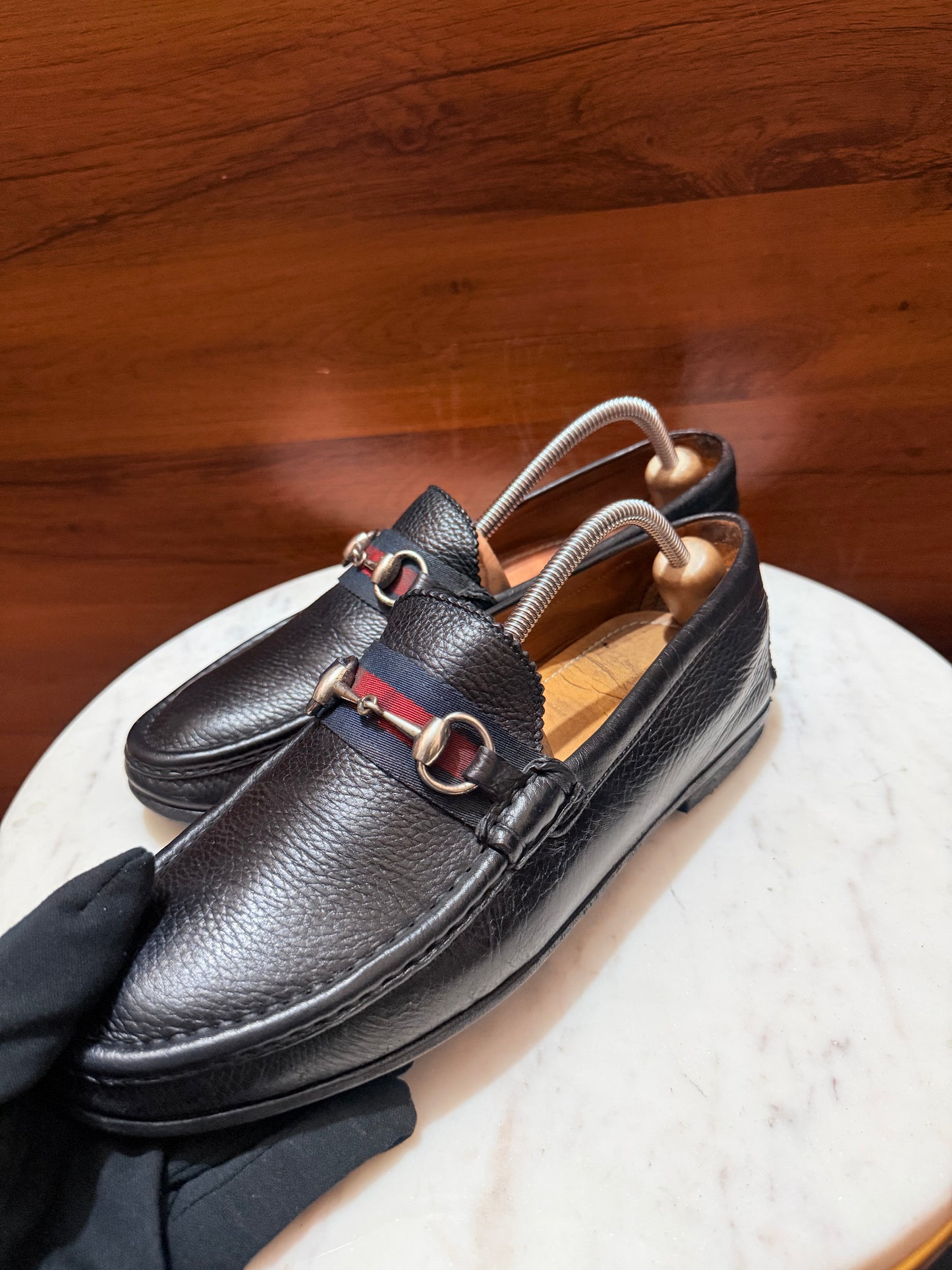 Gucci Web Strap Horsebit Grain Leather Loafers